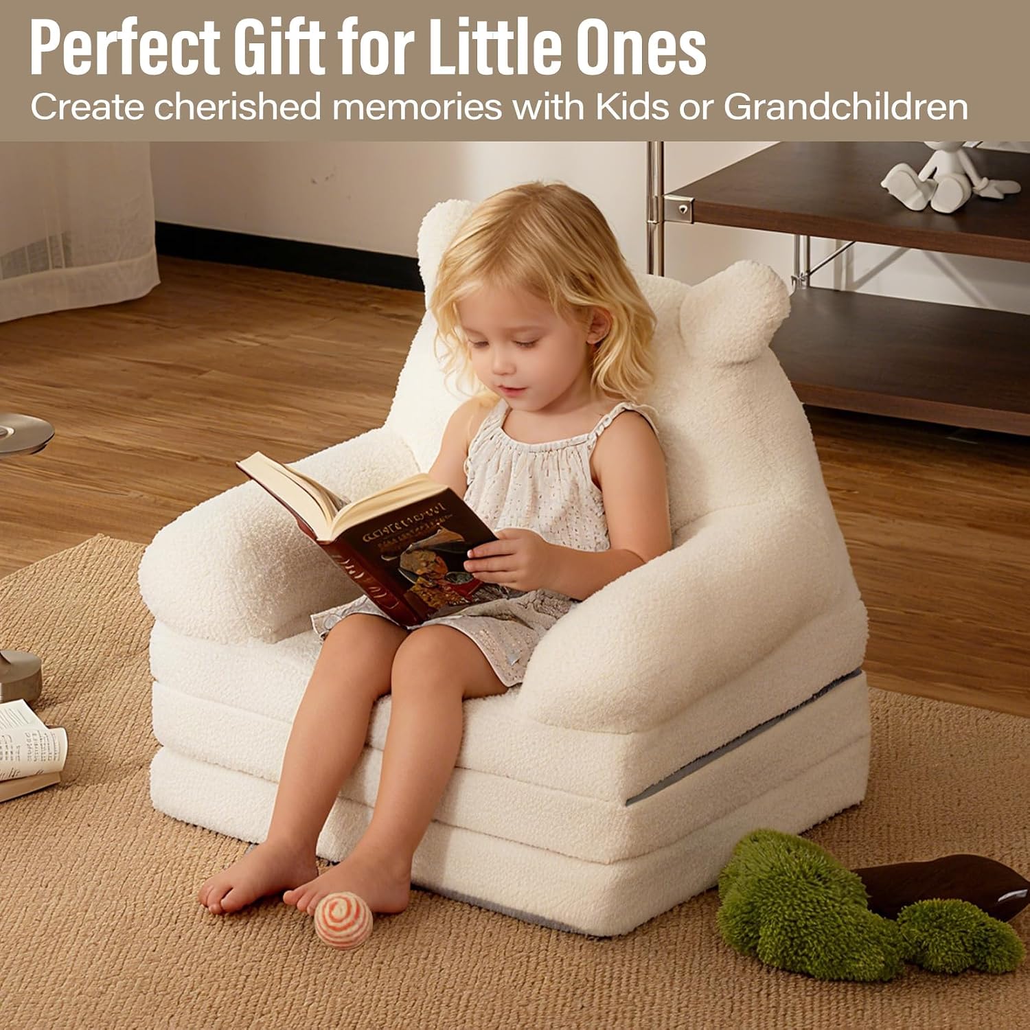 Foldable Kids Sofa, Sherpa Teddy Bear Toddler Couch with Tri Folding Foam Cushions, Kids Couch Sofa for 1 2 3+ Year Old Girls Boys Birthday Gift, fit for Playroom, Nursery, or Living Room