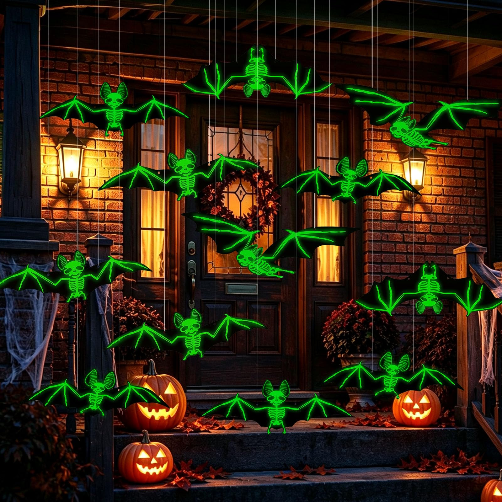 MUVZKQIAN Hanging Bats Halloween Decorations Glowing Skull Bat for Outdoor