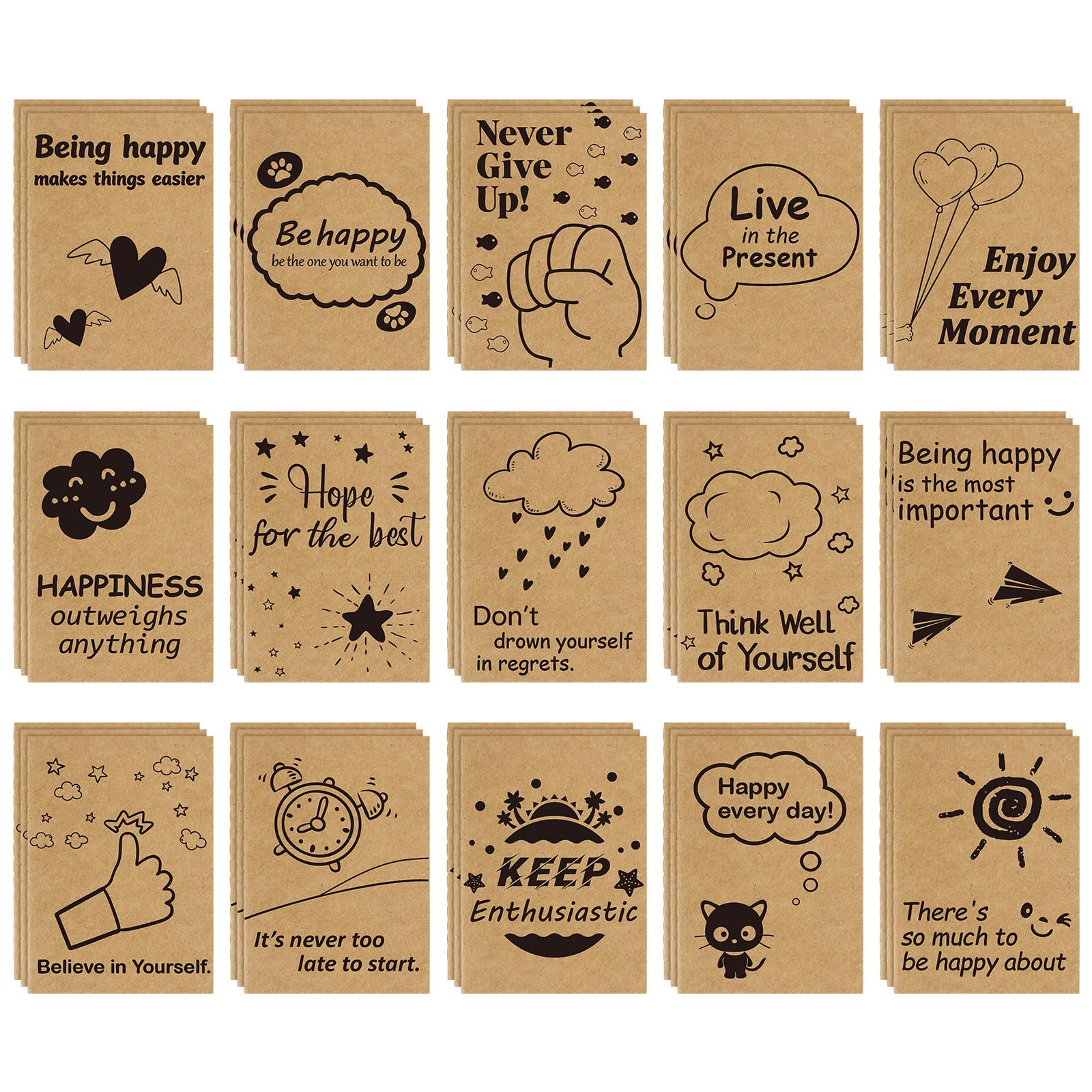 JTKDG 45 Pack A6 Kraft Notebooks, 15 Designs Cute Mini Pocket Notebooks Lined Motivation Small Journal Notepads Bulk for Office School Students Memo, 40 Sheets/80 Pages (15x10.5cm)