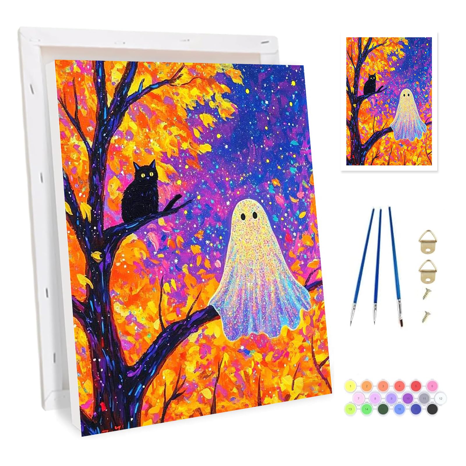 Bowetile Framed Ghost Paint by Numbers for Adults Canvas, Autumn Maple Painting by Numbers Kit for Beginners Canvas, DIY Color Oil Painting Acrylic Paints for Home Wall Decor20x30cm — image 1