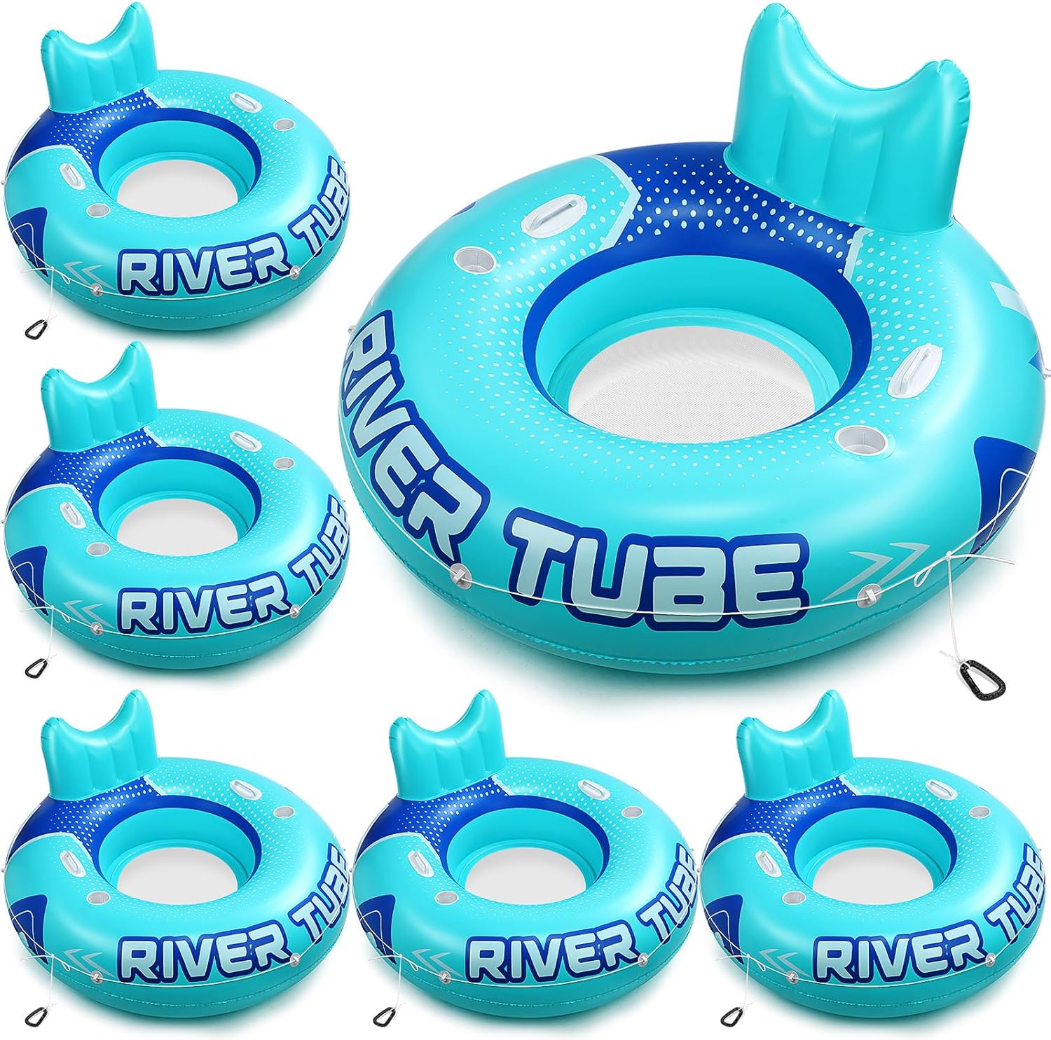 6 pcs 53" heavy duty river tube float inflatable pool floating tube for adult large river raft water chair lounger with mesh bottom backrest 2 cup holders and handles,holds 300lb