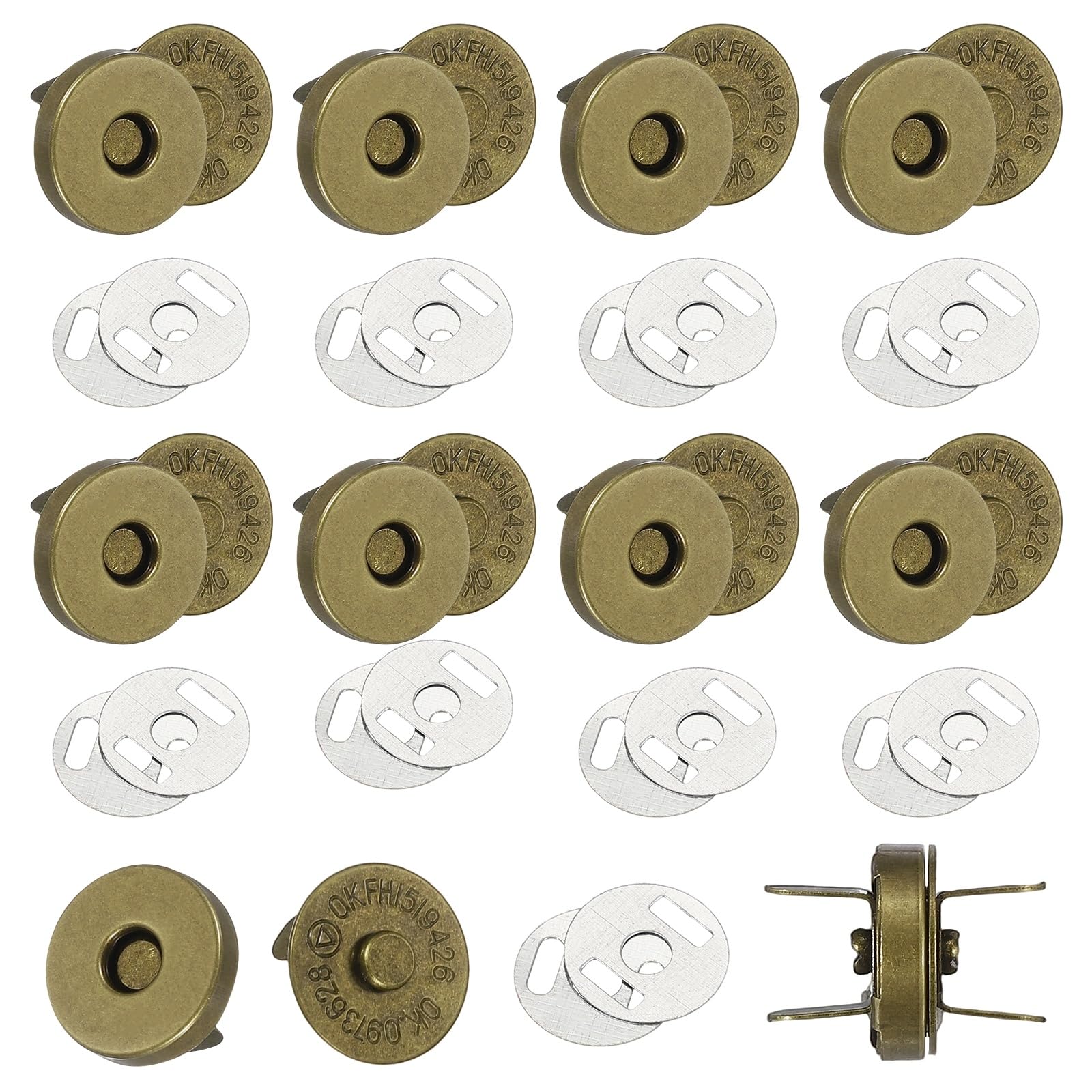 sourcing map 20 Sets Magnetic Snap Buttons, 14 mm Round Snaps Closures with Washer, Clasp Buttons Fasteners for Sewing Leather Purse Clothes DIY Craft, Bronze