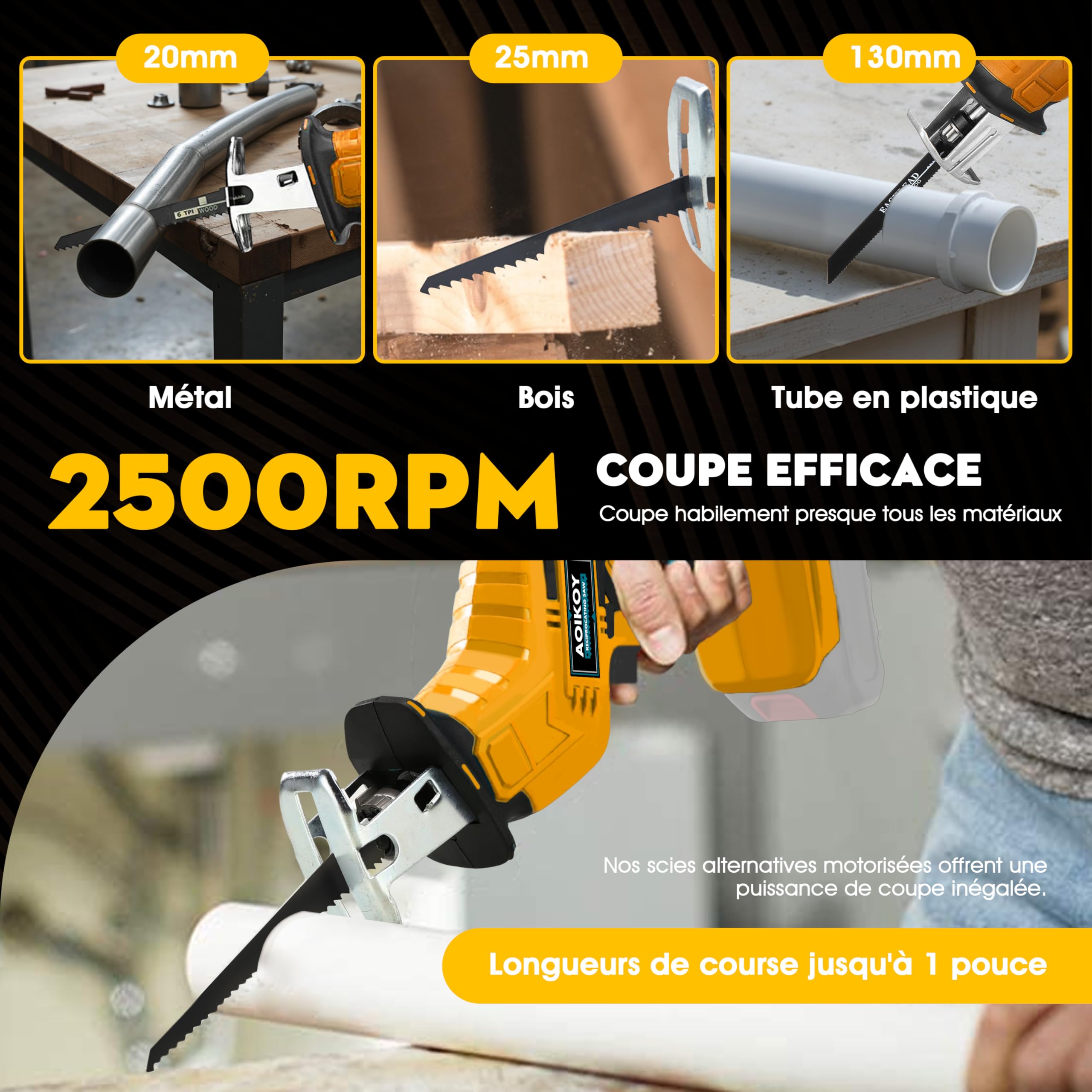Scie Sabre Sans Fil pour Dewalt Batterie 21V, Scie Électrique Sans Fil avec 4 Lames et Boîte à Outils, Vitesse Variable 0-2500RPM pour le Bois/Métal/PVC (Batterie Non Incluse)