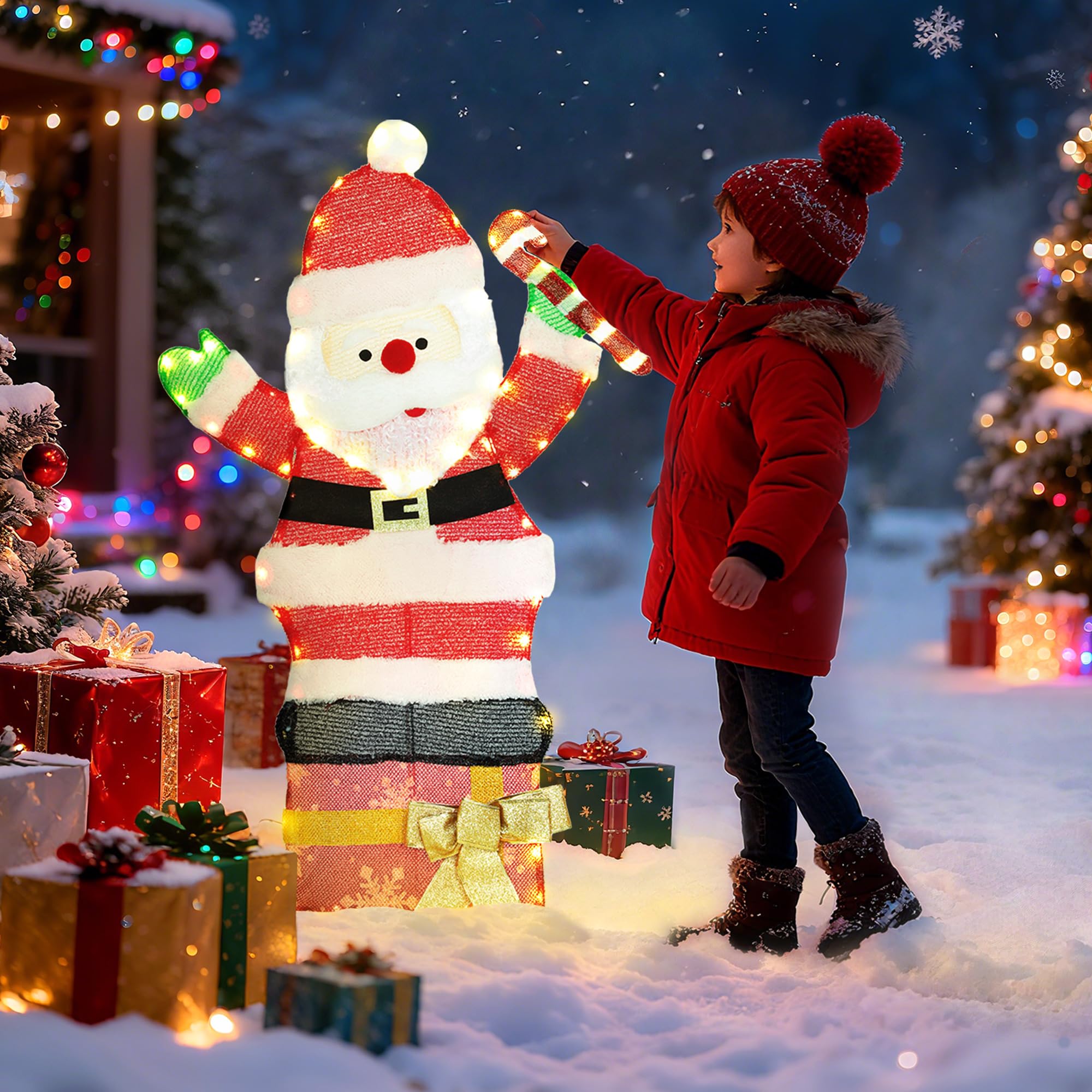 Outsunny Père Noël Lumineux de 90 cm avec 97 LED Blanc Chaud, Piquets, IP44 | Décoration Noël Personnage, Attaches Zippées, Intérieur, Extérieur