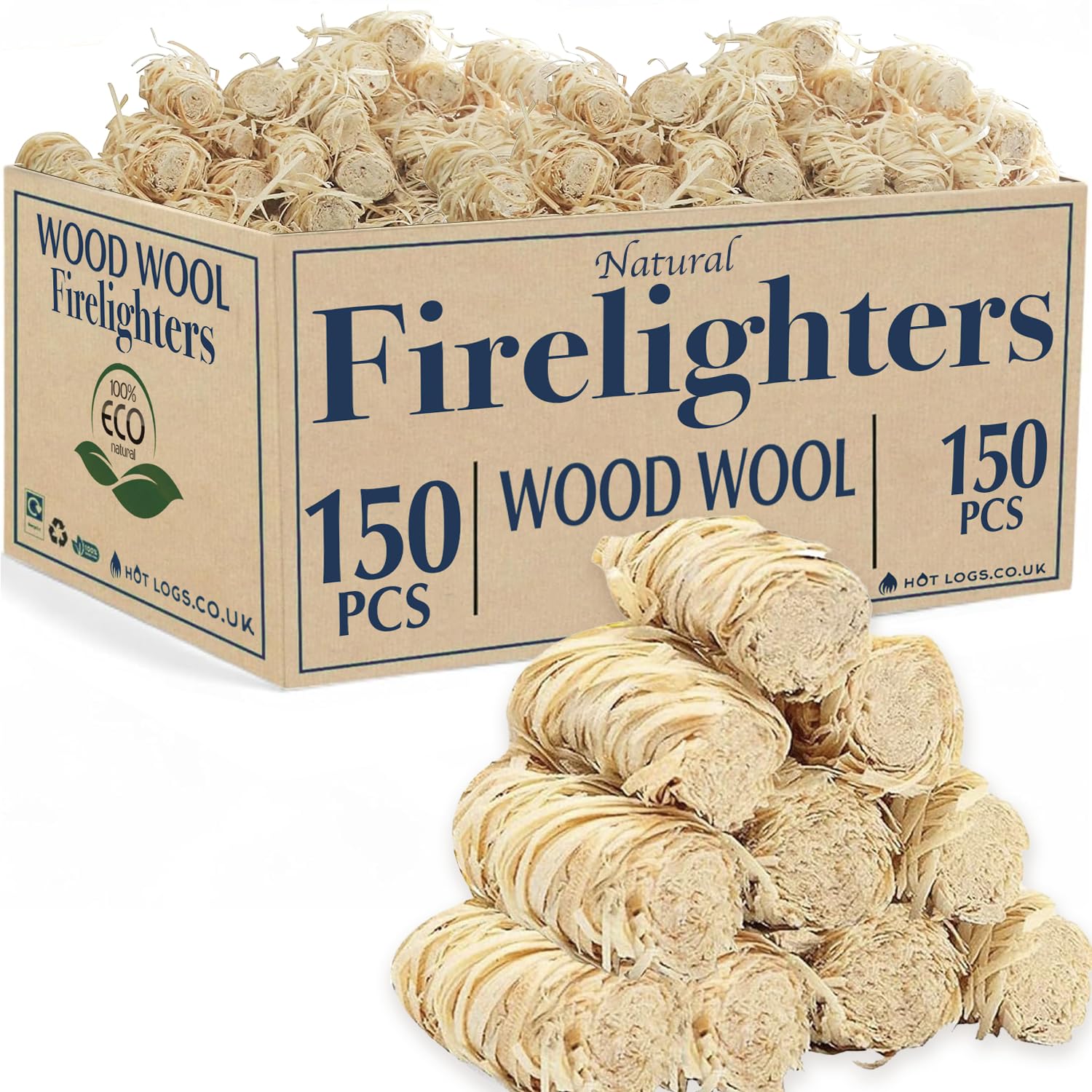 Natural Firelighters Large Box. Natural Wood Wool Wax Fire Lighters for Stoves, Wood Burners, Pizza Ovens, Open Fires, Fire Pit, BBQ Lighters, Fire Starters for Log Burners (150 Pack)