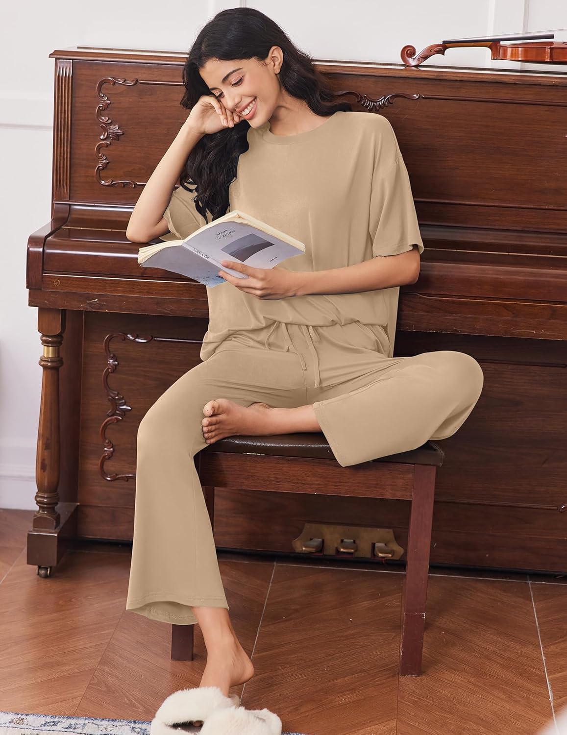 Ekouaer Lounge Sets for Women Short Sleeve Tops and Long Pants Soft Comfy Pajamas Set 2 Piece Outfits