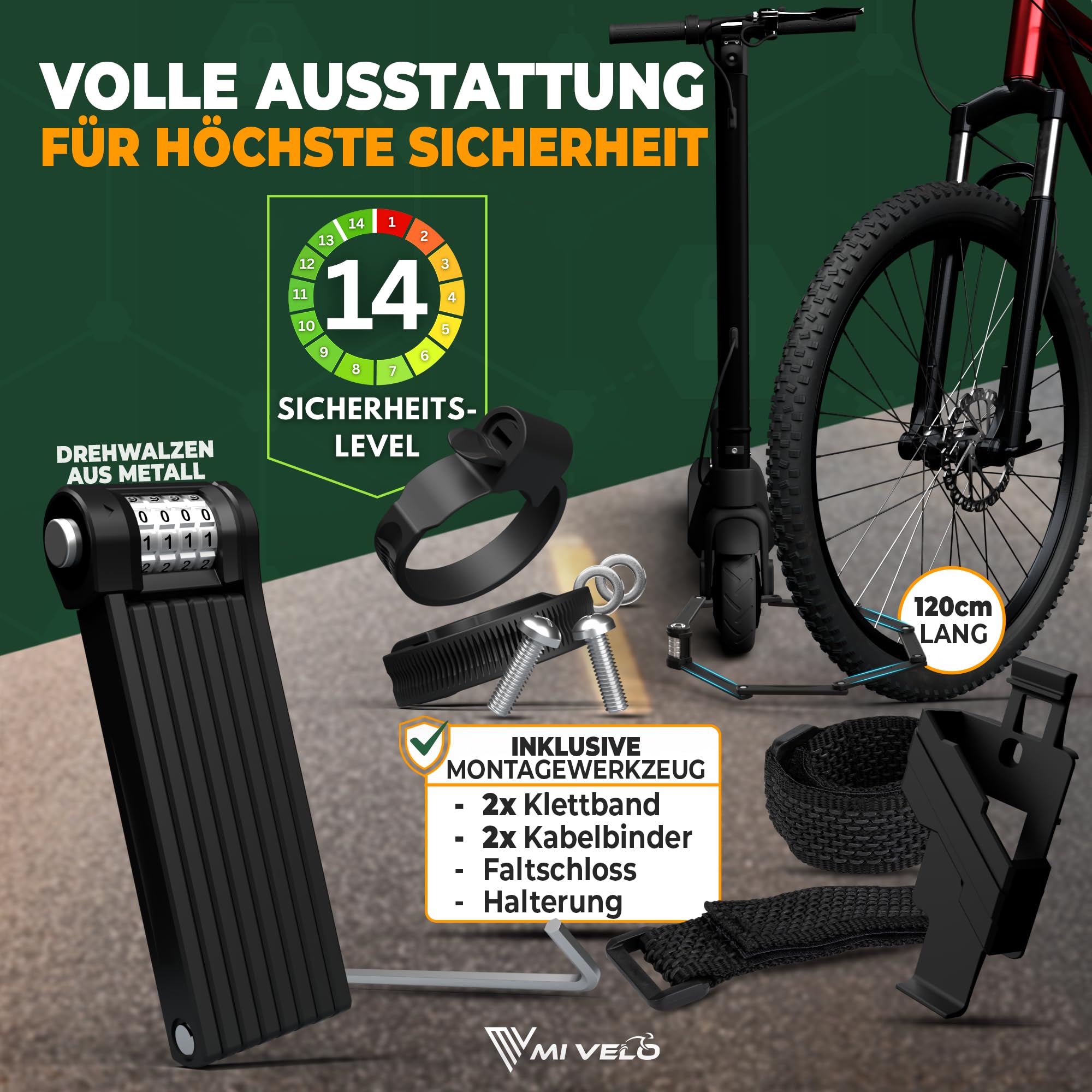 MIVELO Fahrradschloss Faltschloss extra sicher I Faltschloss Zahlenschloss mit 10.000 möglichen Kombinationen inkl. Halterung I Radschloss – Schloss für Fahrrad & E-Scooter 90/120cm (120cm)
