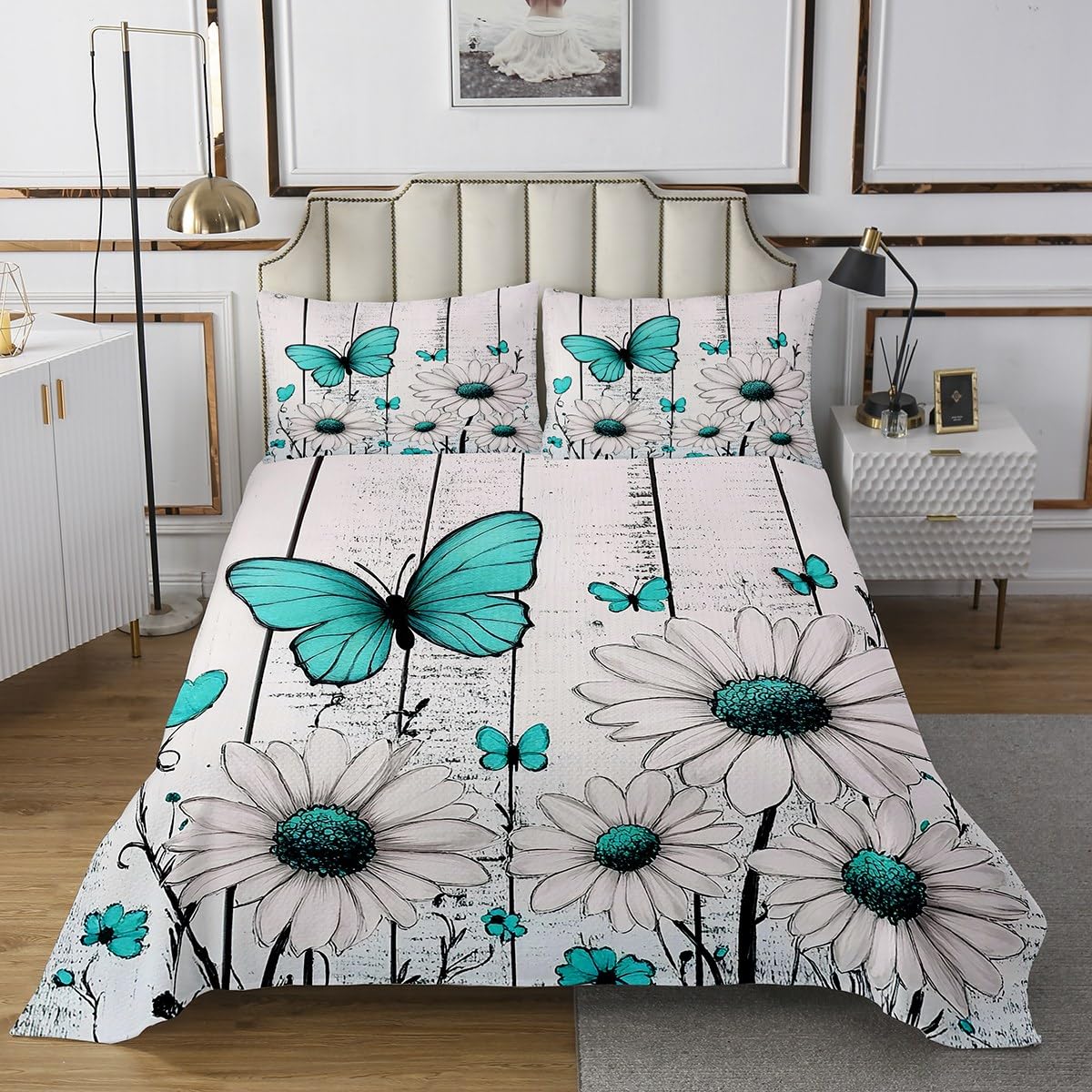 jejeloiu Farmhouse Floral Bedspread for Kids Boys Girls Queen Size White Daisy Flower and Teal Butterfly Coverlet Set Rustic Wood Board Quilted Coverlet Natural Theme Bedspread Cover Room Decor