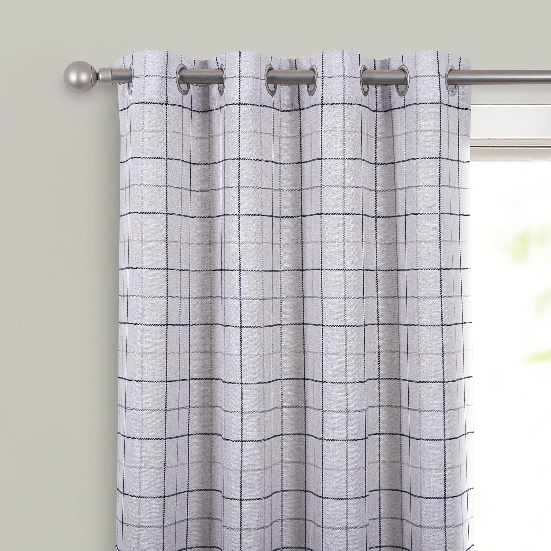 always4u Linen Look Curtains Eyelet Printed Check Curtains Semi-sheer Plaid Drapes for Living Room Bedroom Decoration Modern Textured 1 Pair Beige Black W90 x L90 Inches - Image 3