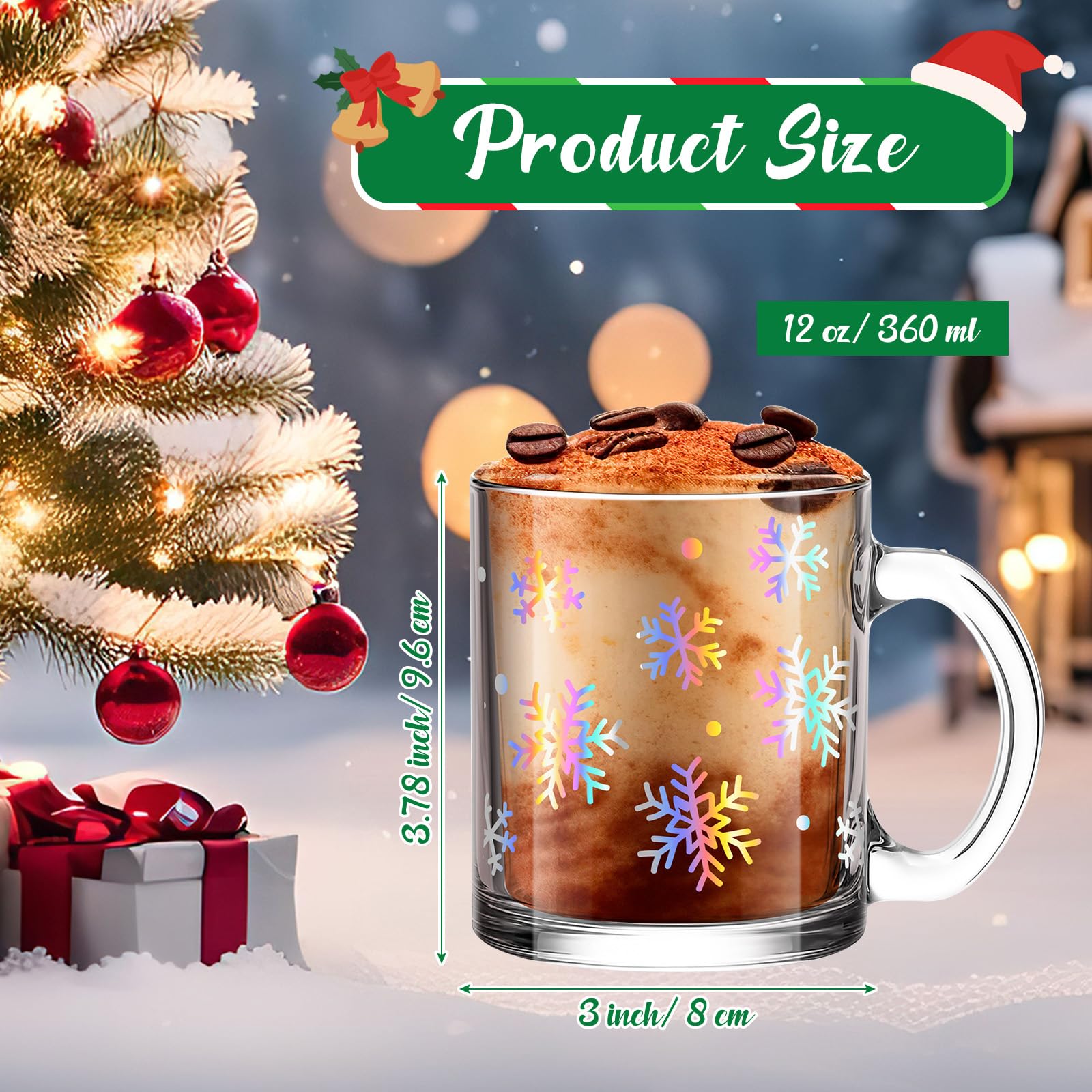 Maxcheck Kaffeetassen mit Schneeflocken-Motiv, Glasbecher, transparent, mit Griff, 340 ml, 6 Stück