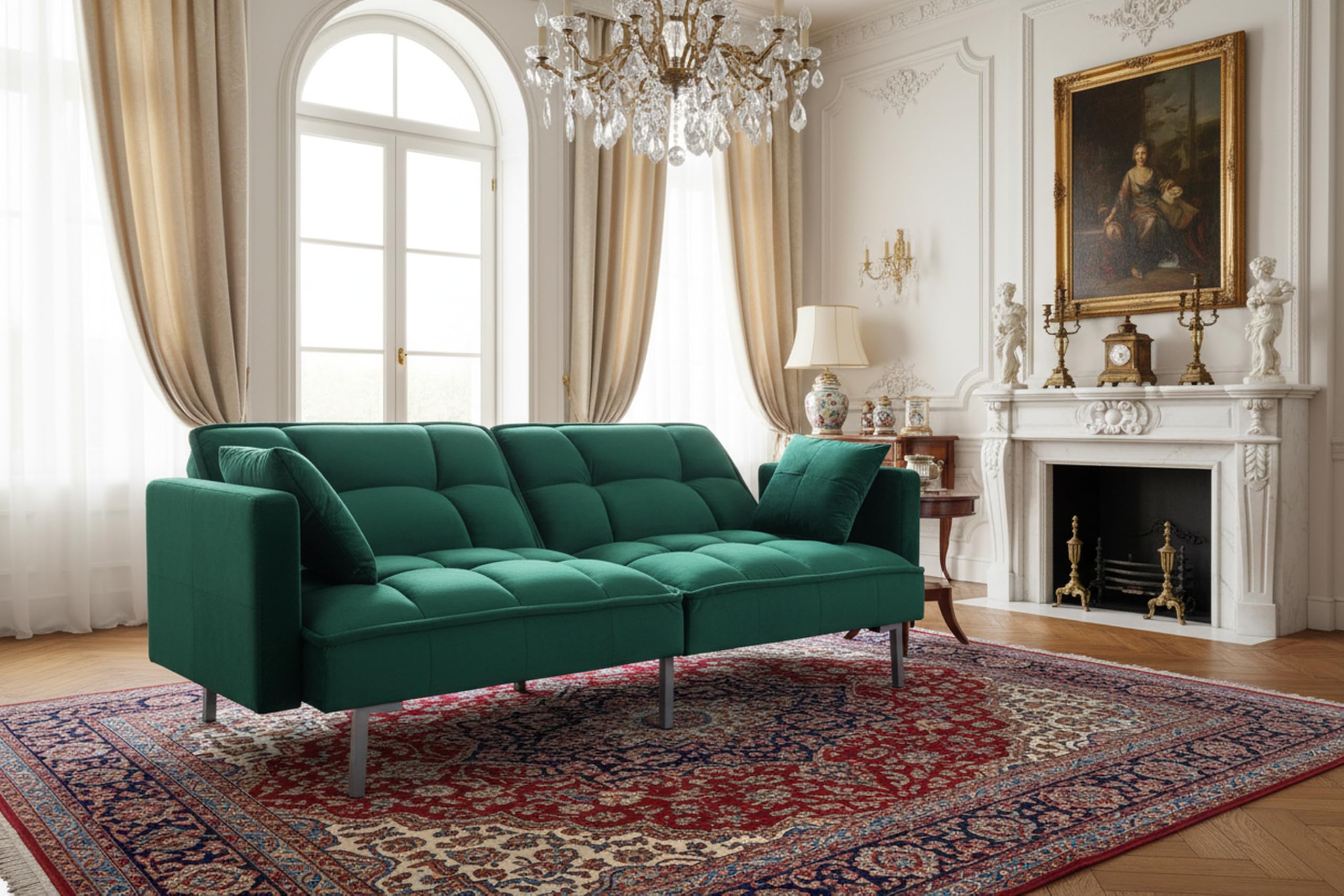 Container Furniture Direct Regal 75.6" Velvet Convertible Sofa Bed - Mid-Century Sleeper Couch w/Tufted Design & Metal Legs - Pull-Out Futon for Guests/Home (75.6" W x 34.6" D x 32" H), Green
