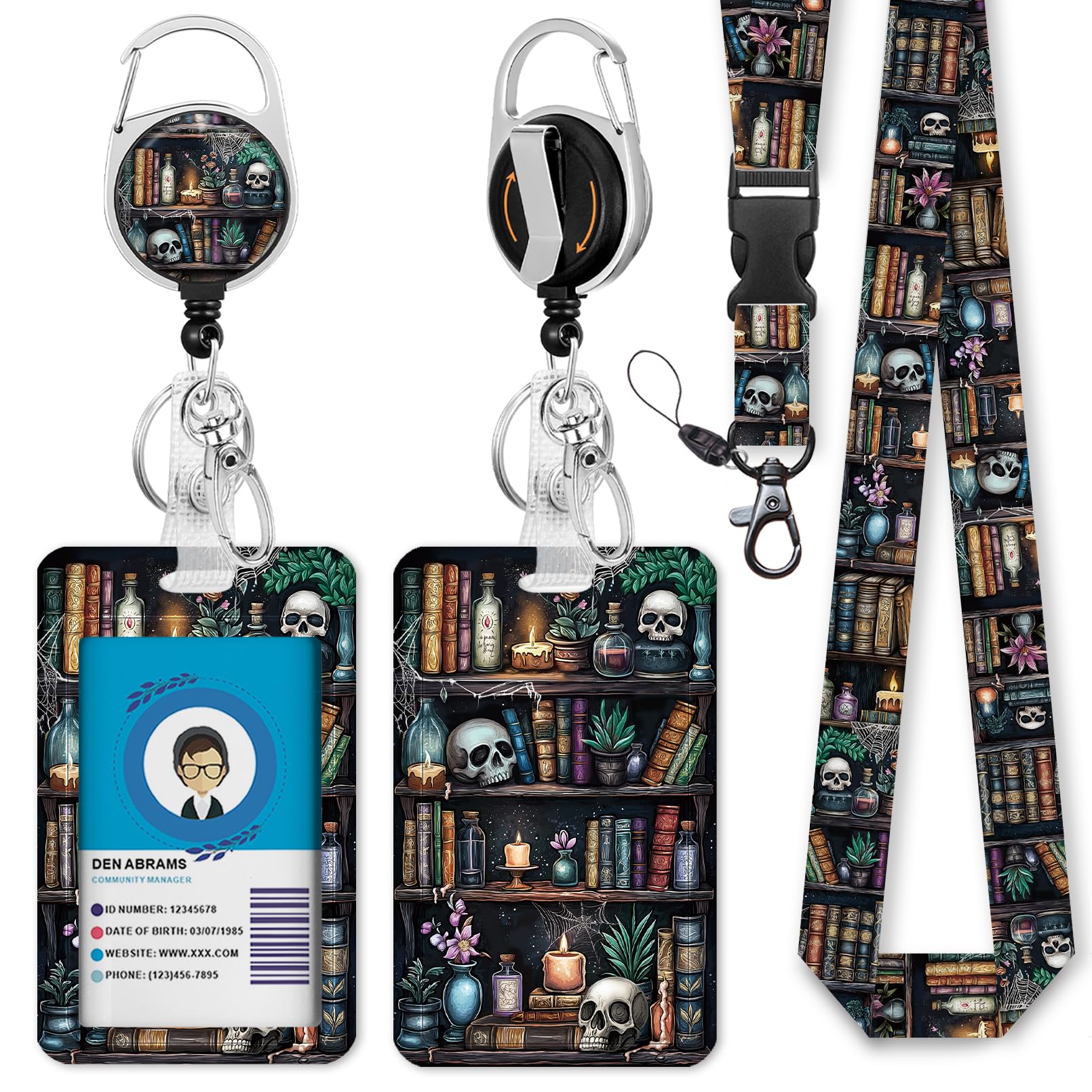 Goth Lanyards for ID Badges, Badge Holder Retractable Reel Clip Funny Skull Gothic, Witchy Skeleton Bookshelf ID Holder Carabiner Keychain Name Tag