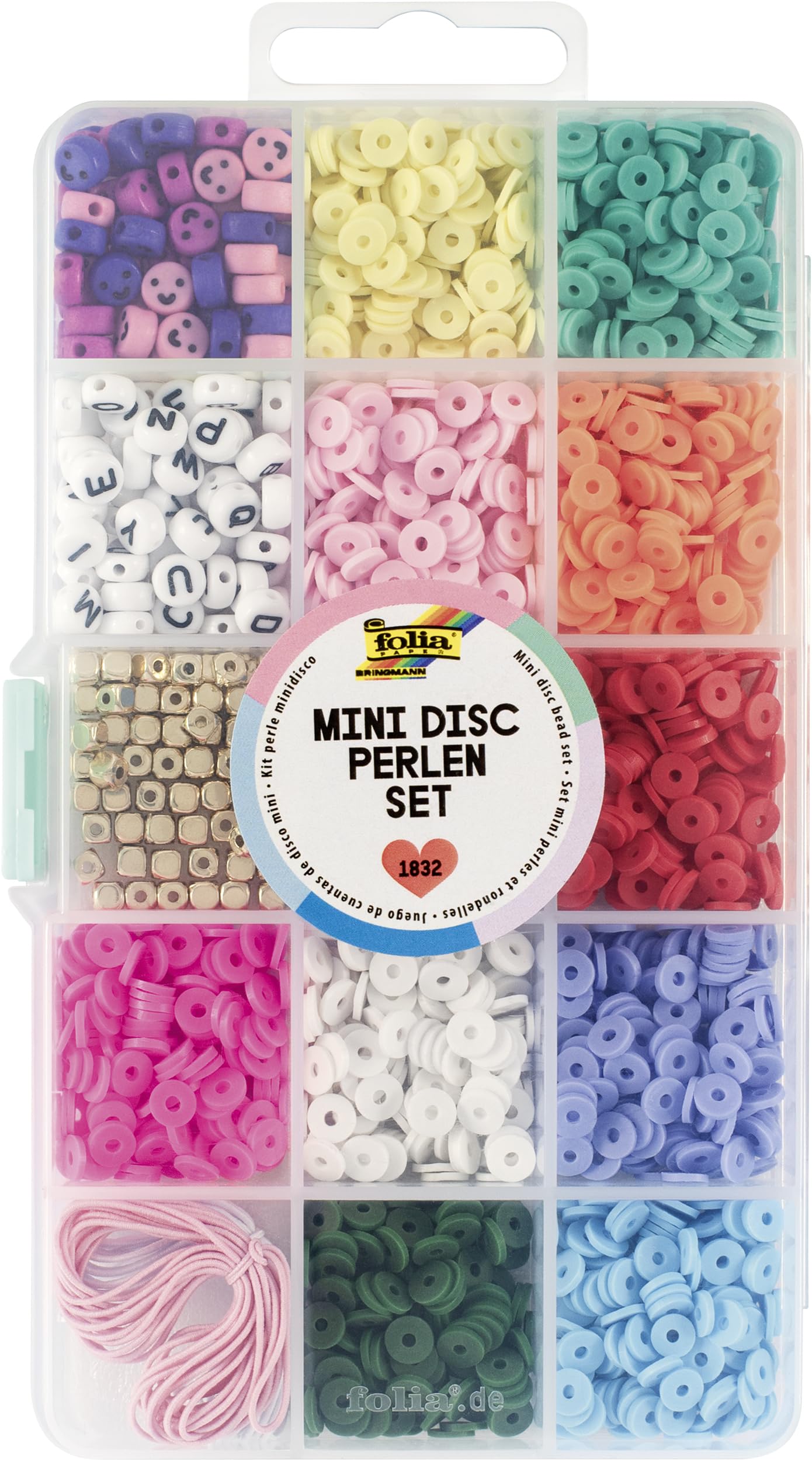 Folia 32019 - Set de Perles Mini Disc avec boîte de Rangement, 1.832 pièces avec Perles à Lettres, Perles Mini-Disc, Perles Smiley, Perles en Or y 2X élastiques