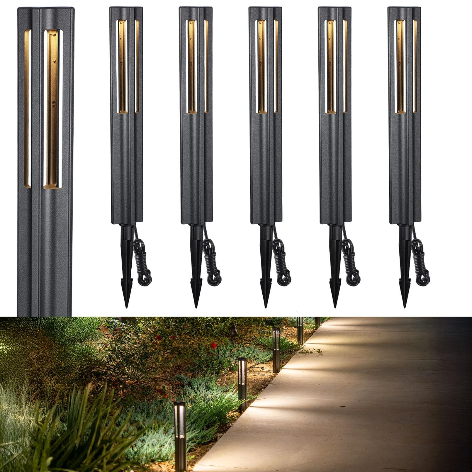 LEONLITE Low Voltage Path Lights, 3W LED Landscape Pathway Lights, Outdoor Landscape Lighting for Driveway, Garden, Aluminum, 12-24V AC/DC, ETL, IP65 Waterproof, 3000K Warm White, Black, Pack of 6