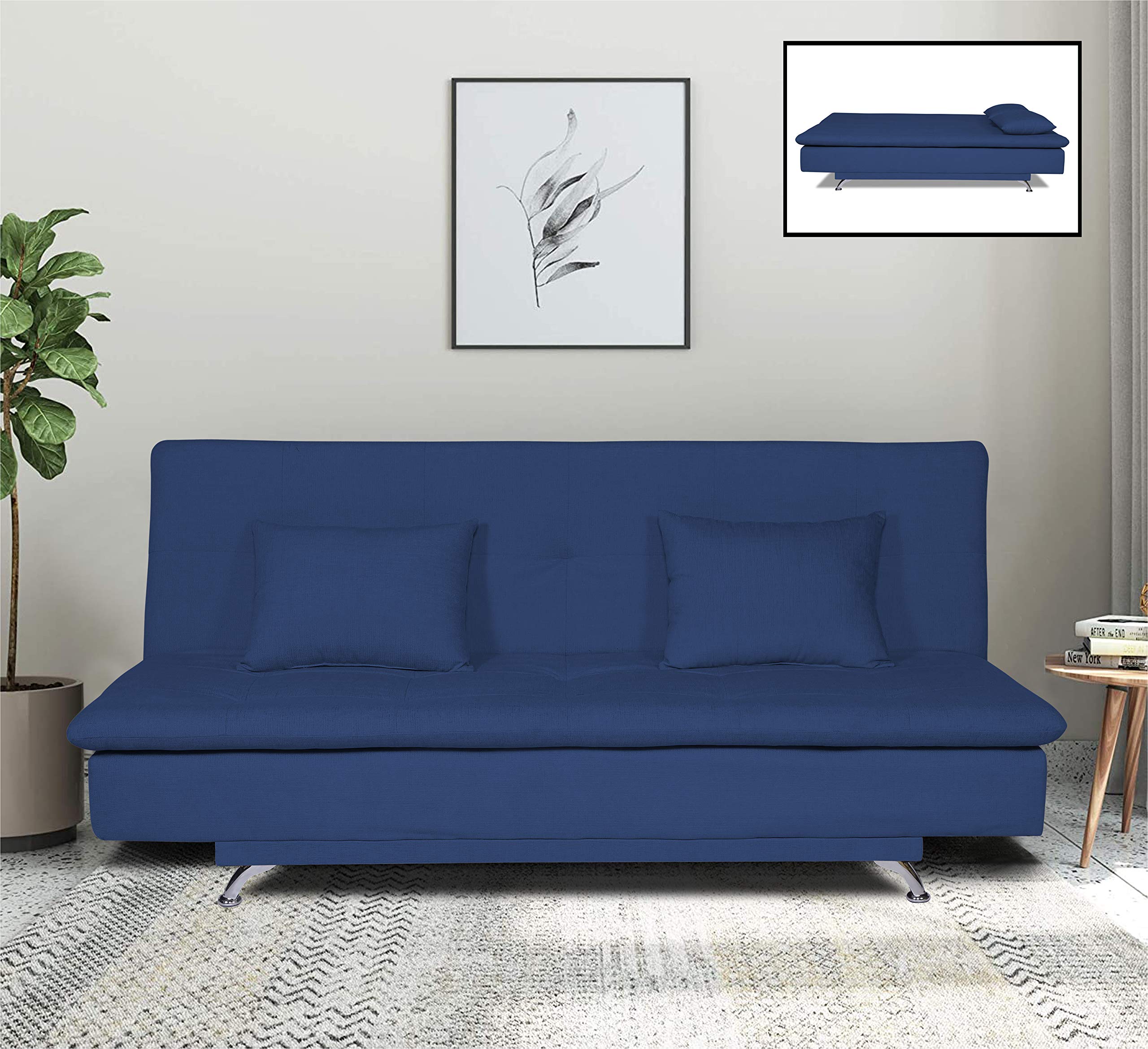 Adorn IndiaAspen 3 Seater Single Tone Sofa Cum Bed (Blue)