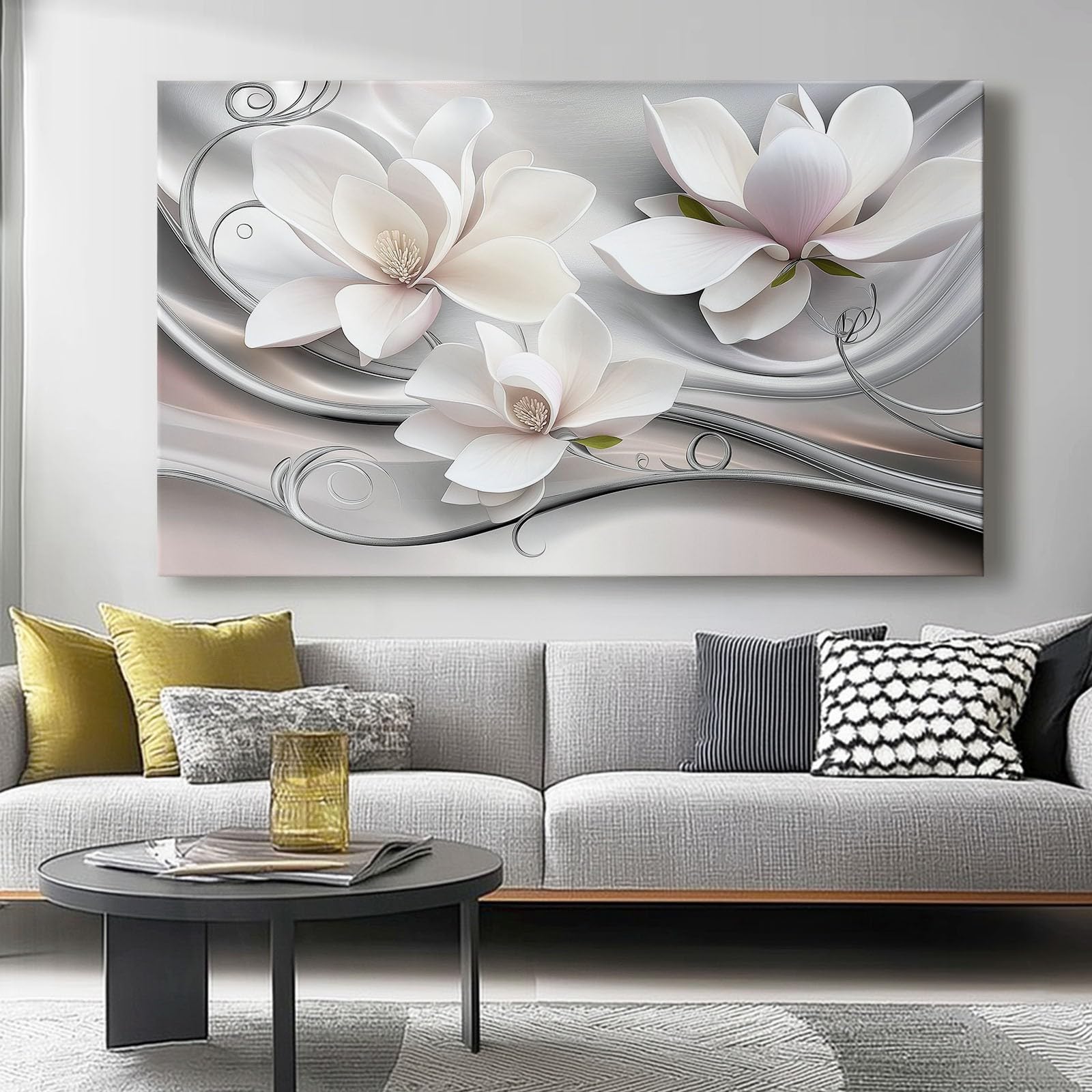 Canvas Wall Art for Home Decor Modern White light grey Bathroom Office Wall Decor Paintings Flowers Modern Elegant Artwork Print Home Decor 76L x 51W cm