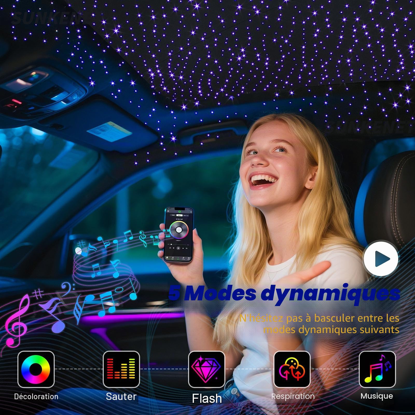 12W Mini RGBW Ciel Etoile Voiture, 300pcs*0.75mm*3m LED Ciel De Toit Etoile Voiture Bluetooth//Télécommande, Fibre Optique Lumineuse +Adaptateur+Prise pour Voiture/Maison/Théâtre