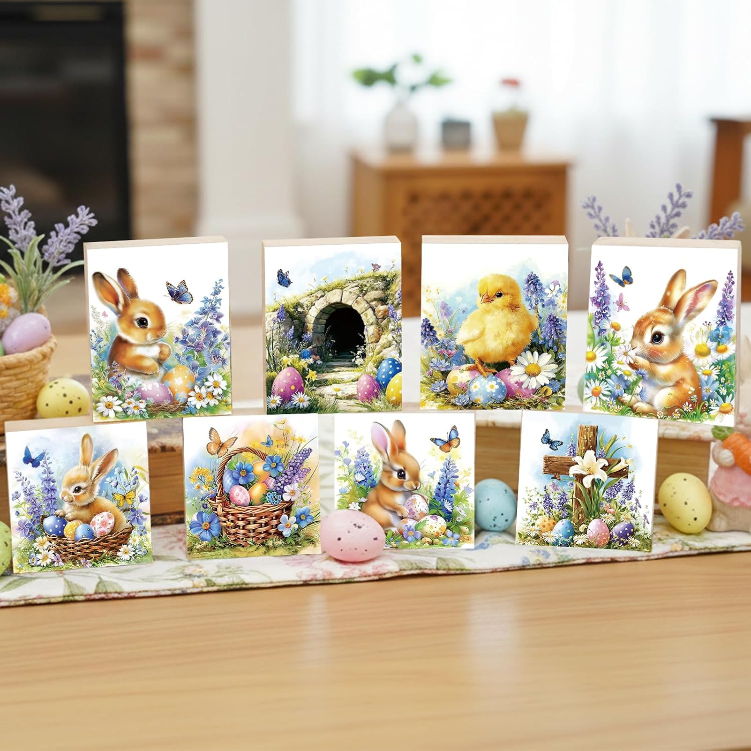 Easter Decorations Indoor - Bunny Cross Jesus Wooden Wood Signs Sign for Home Party Indoor Table Office Classroom Kitchen Supply Decor Gifts 3.14×3.14/3.14×3.93 Inch, 8 Pcs image 5