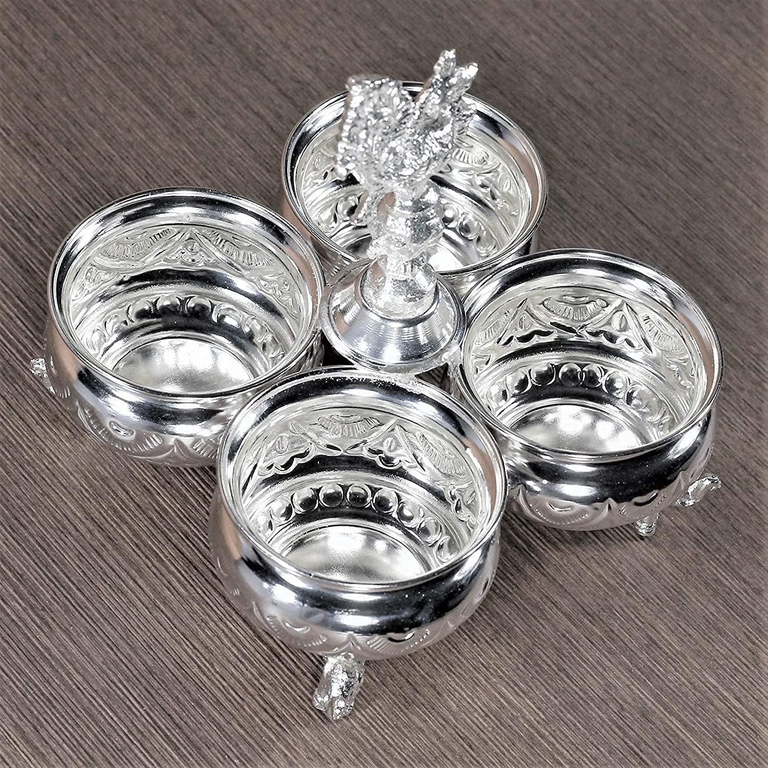 German Silver 4 Cup Haldi Kumkum Bowl, Panchwala Cup with Peacock Handle, 650GM, for Pooja Thali-image-34