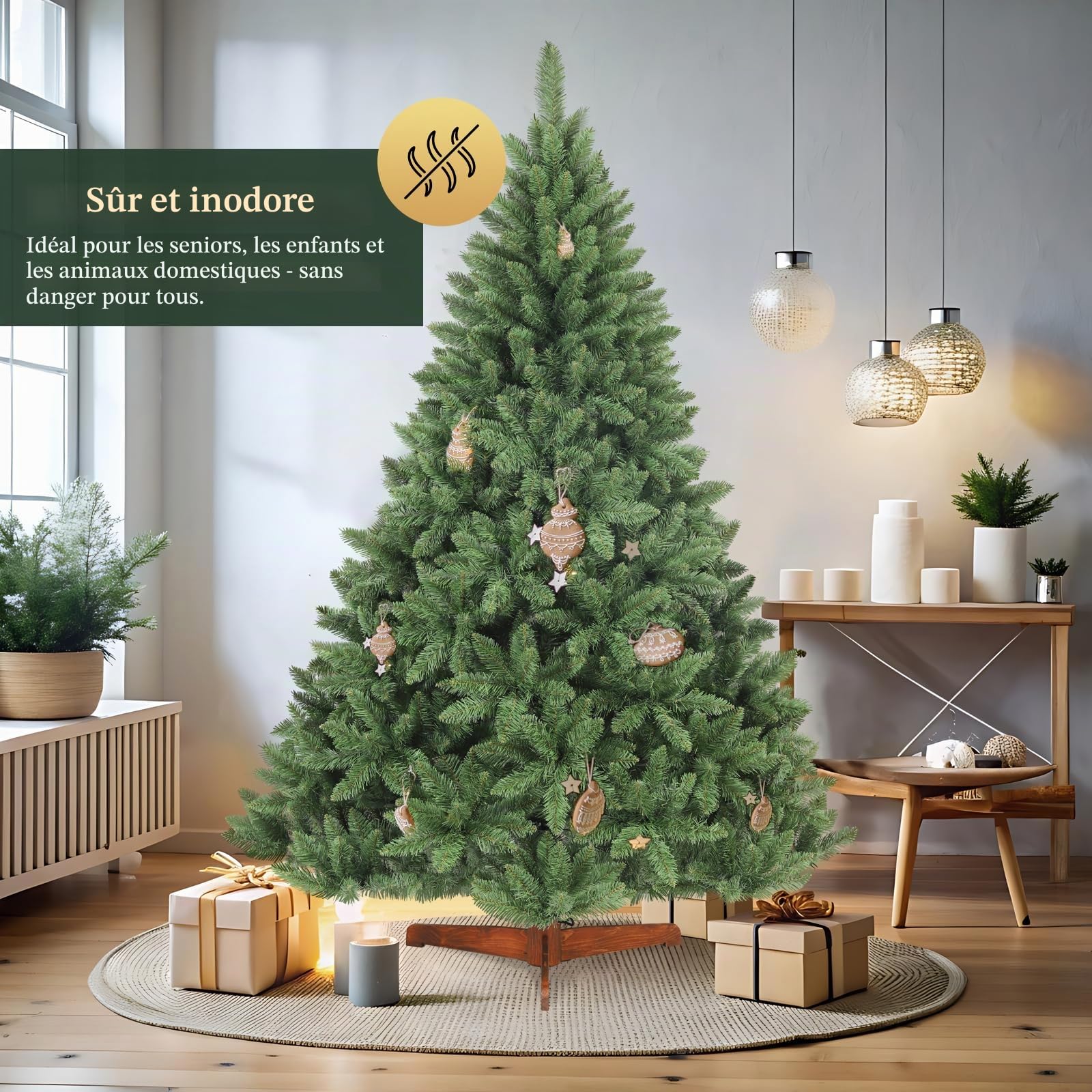 SALCAR Sapin de Noël Artificiel de 150 cm (1,5 m) avec Support en Bois, Sapin Nordmann Vert, diamètre d’env. 106 cm