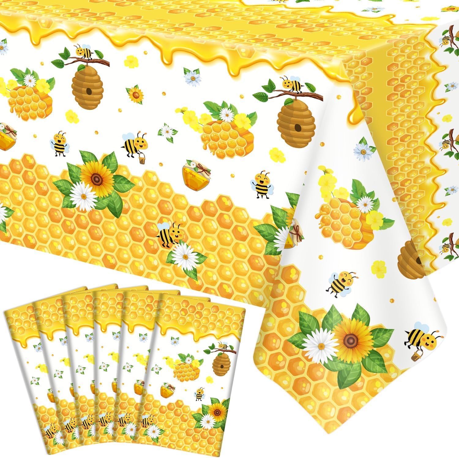 6 Pack Bee Tablecloth Happy Bee Day Tablecloths Rectangle Honey Bees Bumble Table Cover Bee Theme Party Tablecloth for Bee Baby Shower Bee Birthday Party Decorations 51 x 86 Inch