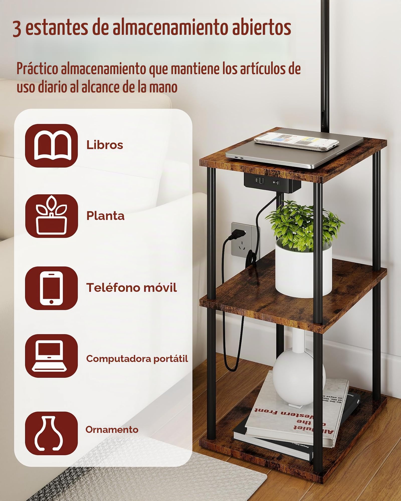 Lampara de Pie con Mesita Regulable Lectura Salon Madera Negra, Lamparas de Pie Para Salon con puertos USB y Taye - C, Floor Lamp for Living Room multifuncionales y modernas