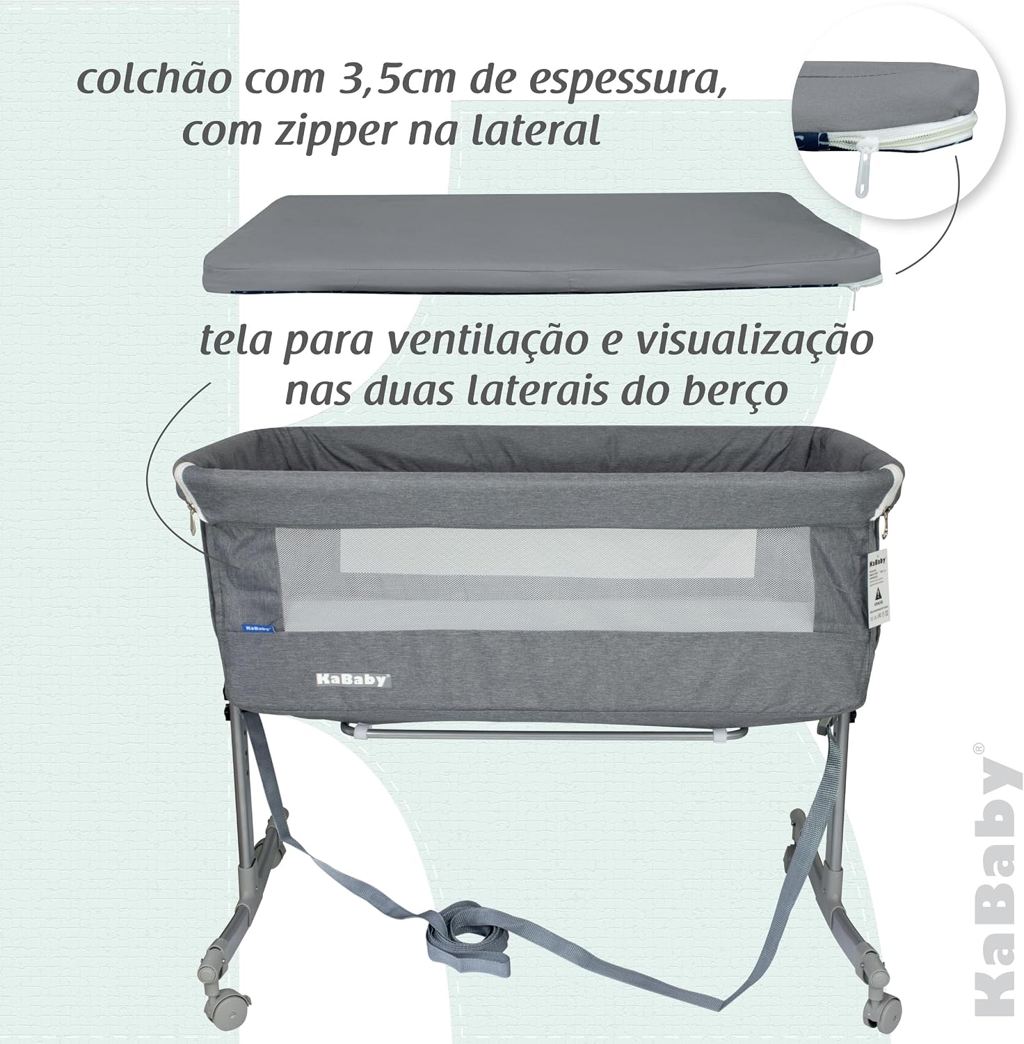 Berço Portátil Sleep 3 em 1 Moisés Co-bed Acopla na Cama - Cinza Kababy