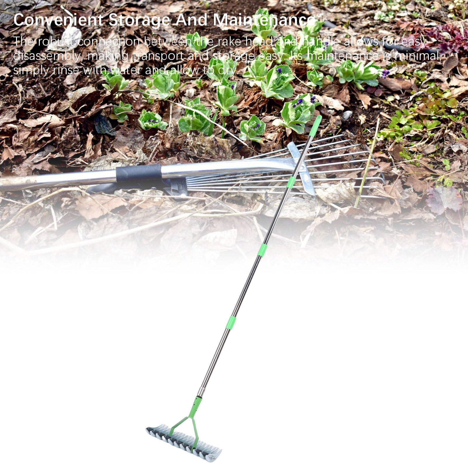 Rastrello da giardino in acciaio con manico staccabile a doppio design per la cura del prato e la rimozione dei detriti dalle foglie