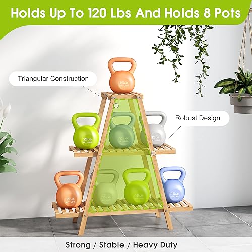 Miniatura 4 de Soporte para plantas de bambú para interiores y exteriores, estante escalonado para plantas de 3 niveles, 8 macetas, estante para plantas para