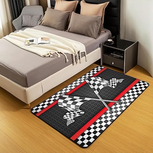 Miniatura 3 de Alfombra de área con bandera a cuadros blancos y negros, fácil de limpiar, alfombra suave antideslizante para niños, adolescentes, niñas, niños,