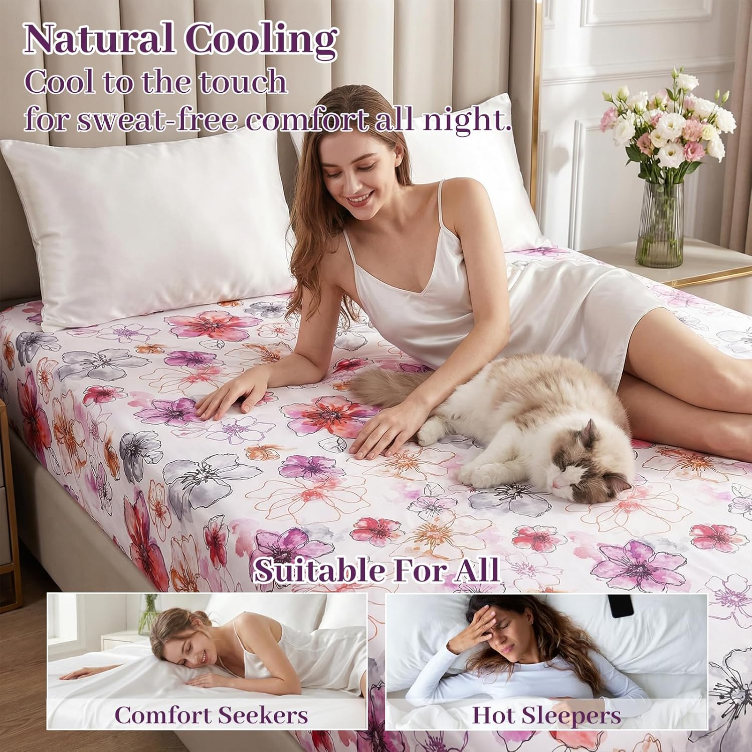 YIYEA 100% Viscose Derived from Bamboo Fitted Sheet Only, 600 Thread Count, Cooling Fitted Bottom Sheet for Hot Sleepers, 16" Deep Pocket, Silky Soft, Breathable, King, Floral