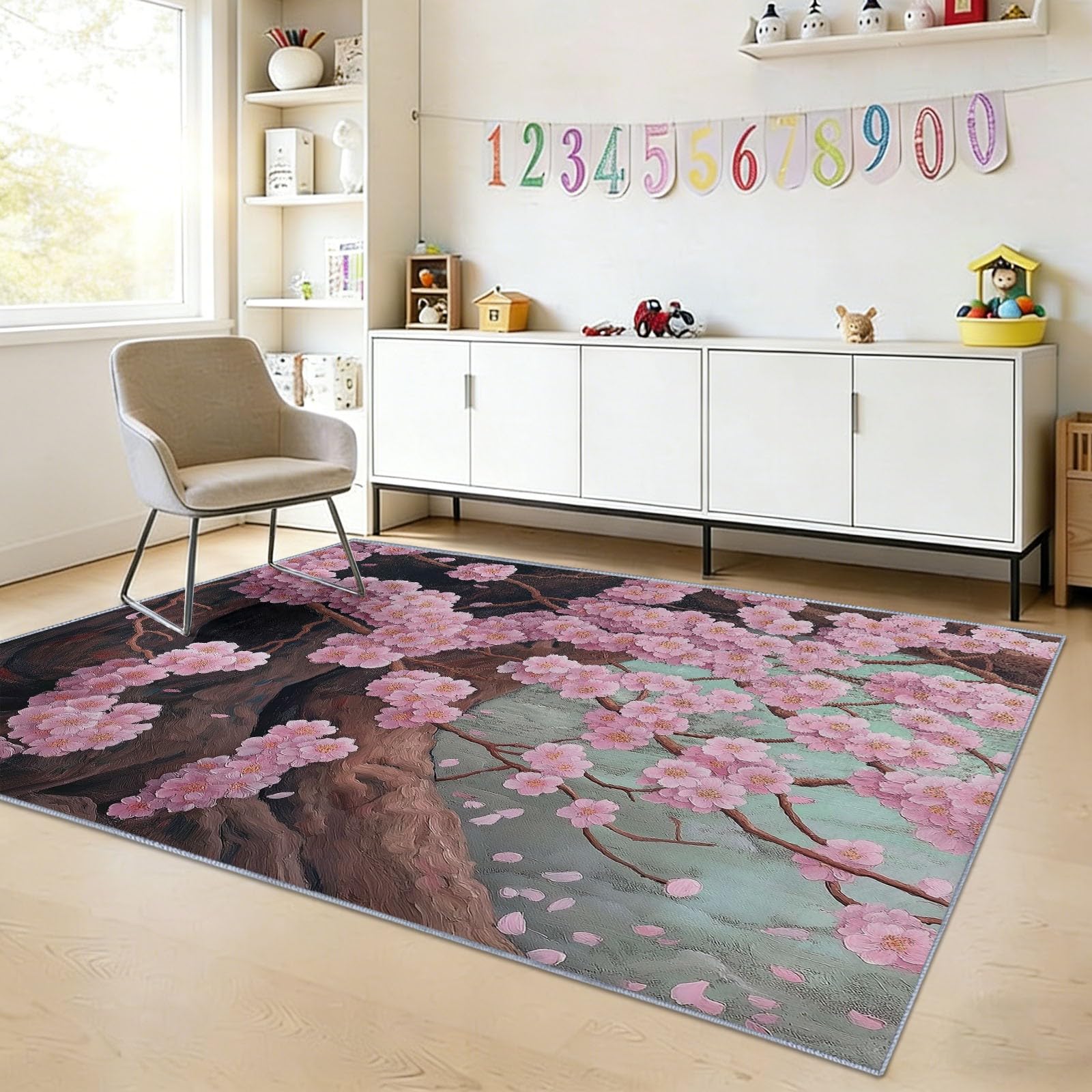 120 x 180 cm Dywan można prać w pralce Eleganckie gałązki rośliny wiśnia kwiat kwiatowy, antypoślizgowy, ultramiękki antypoślizgowy dywanik flanelowy do pokoju dziecięcego, salonu i łazienki - łatwy
