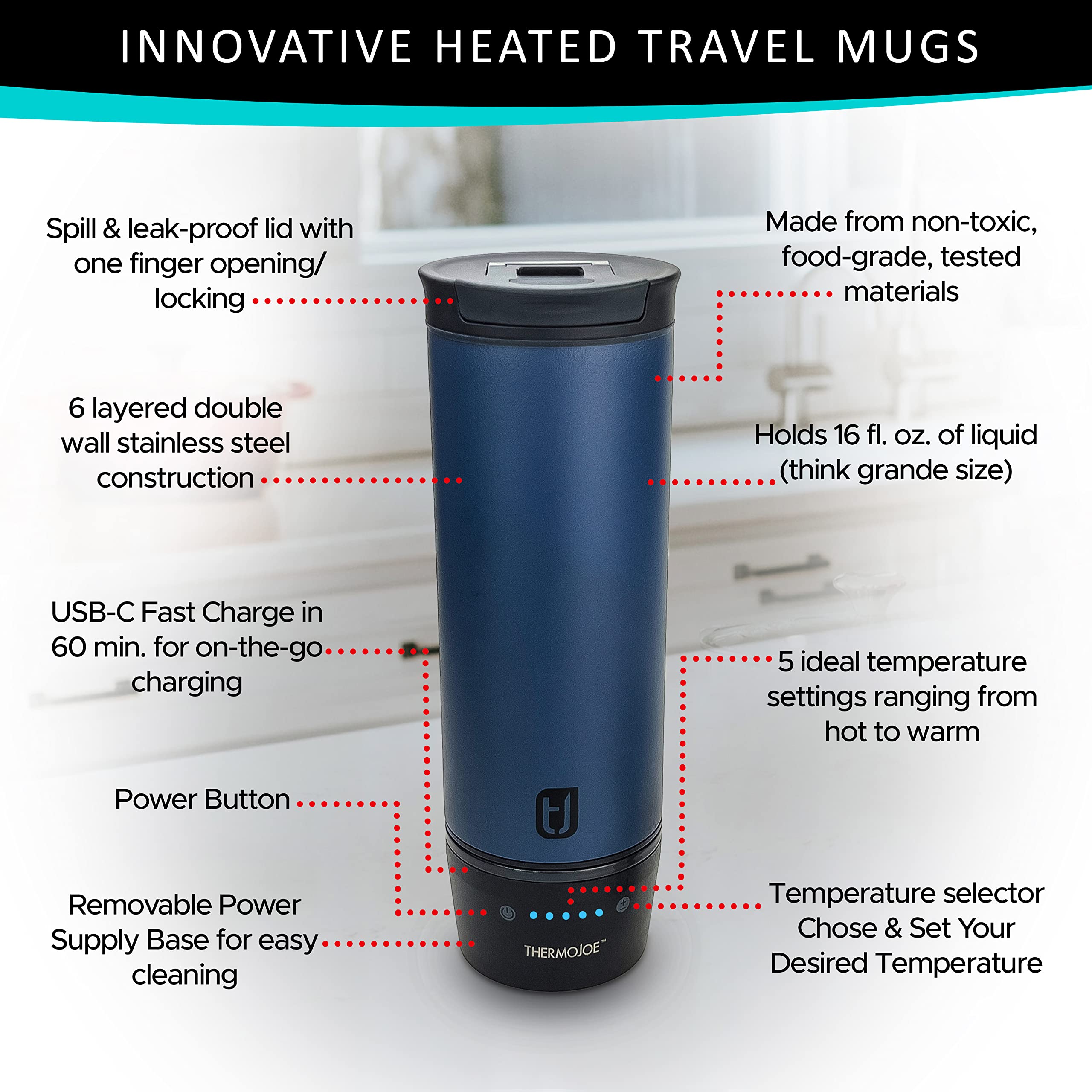 Thermojoe Wiederaufladbarer beheizter intelligenter Reisebecher für Kaffee und Tee mit Temperaturkontrolle, 473 ml