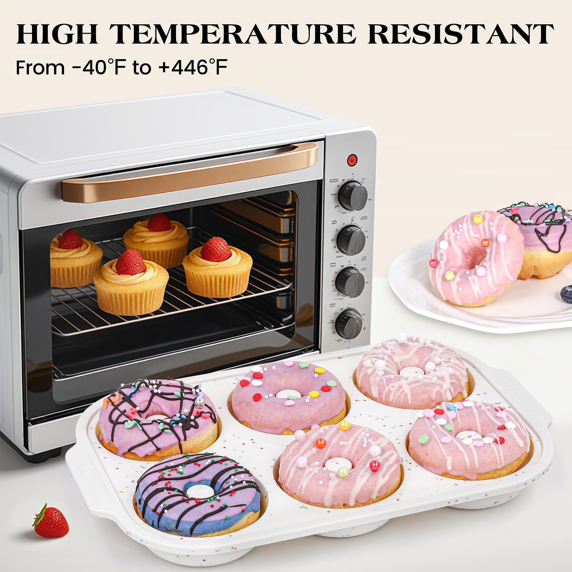 Molde de donas para hornear moldes de silicona para donas, bandeja antiadherente para donas de 6 cavidades, moldes de bagel grandes de 3.25 pulgadas con marco reforzado de metal, juego de 2 7