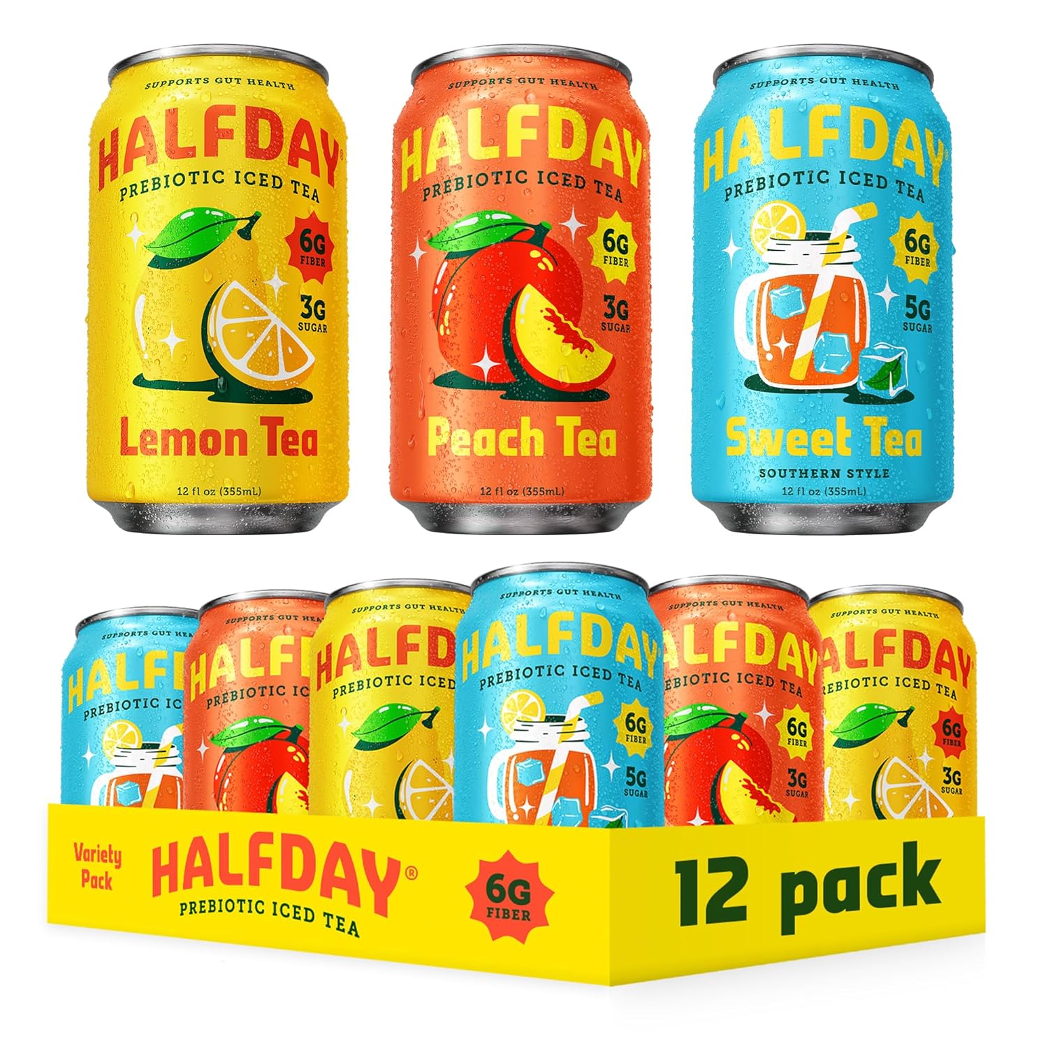 HALFDAY Prebiotic Iced Tea Lemon, Peach, Raspberry and Green Tea with Honey & Ginseng Variety Pack, Gut Health, Plant Fiber & Prebiotics, Low Sugar, 35 Calories, Natural Caffeine, 12 fl oz (12 pack) Packaging May Vary