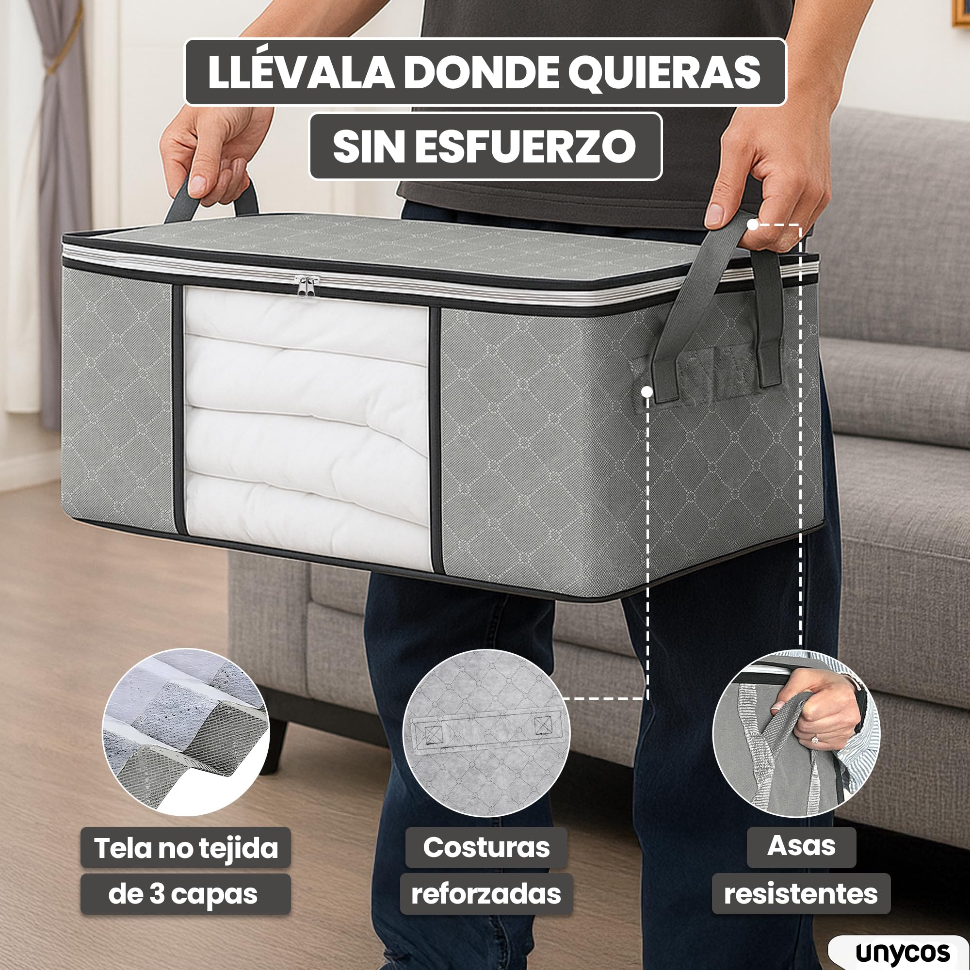 unycos - Cajas para Almacenaje de Ropa x 6【35L】 Bolsas Plegables con Ventana Transparente, Doble Cremallera y Asas Reforzadas, Organizador de Toallas, Edredones, Juguetes | Hasta 10 kg (Grey/Black)