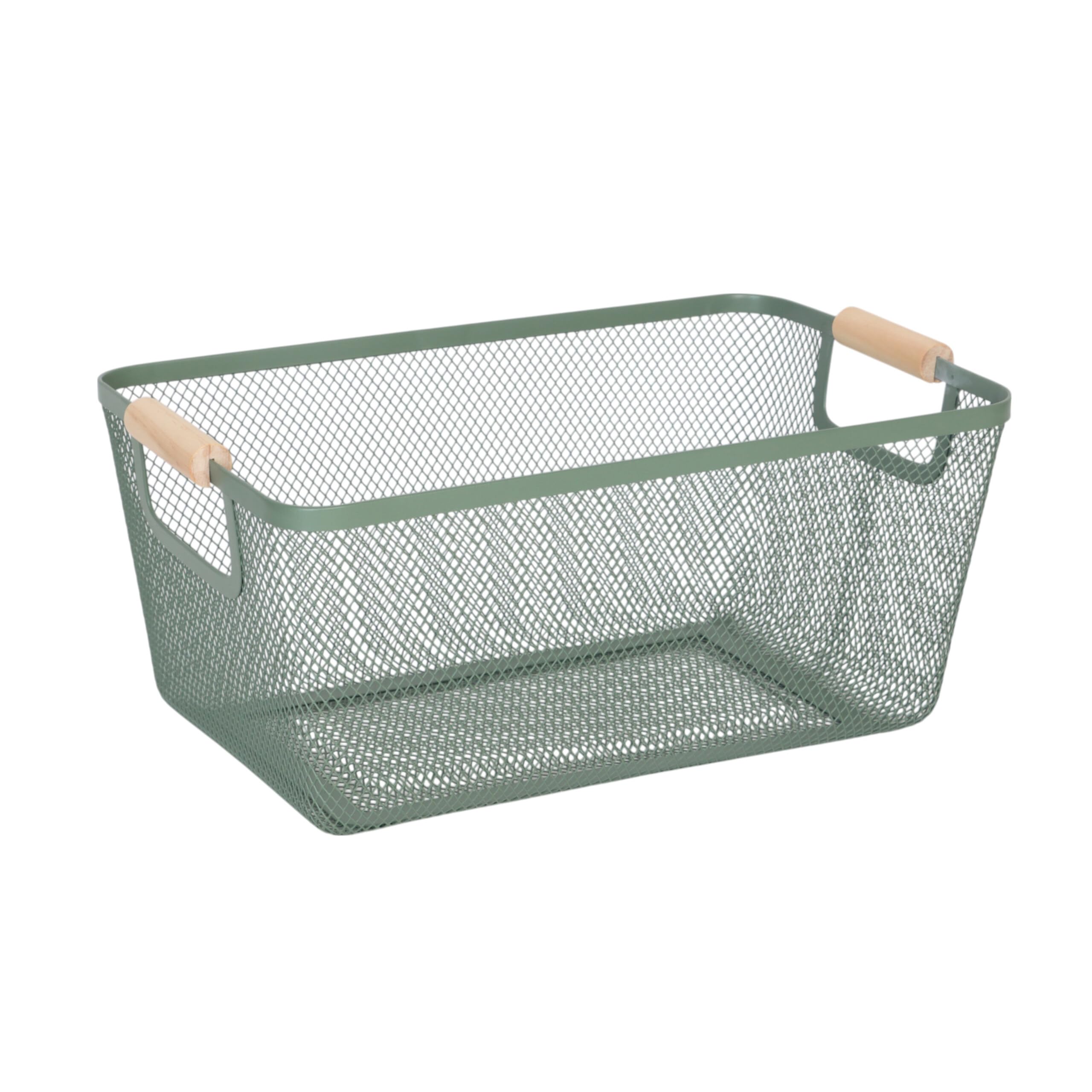 Relaxdays Panier de Rangement en métal, poignées en Bois, rectangulaire, 16,5x37x22,5 cm, déco