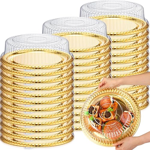 Miniatura 7 de Nitial 24 bandejas de plástico para servir con tapa, platos grandes de fiesta de 12 pulgadas con tapas transparentes, bandejas doradas, redondas,