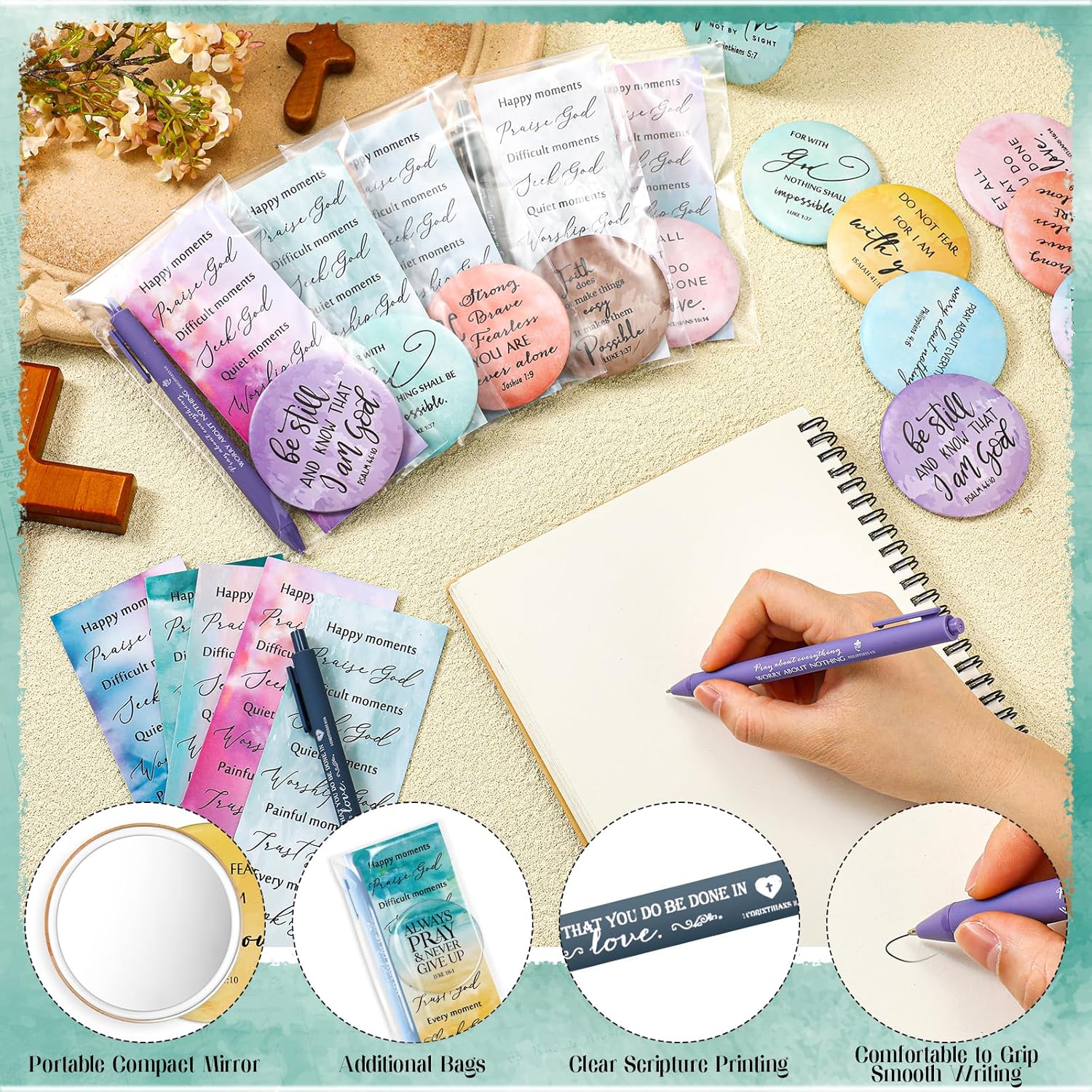 Gueevin 30 Sets Christian Gifts Bulk for Woman Bible Verses Ballpoint Pens Bookmark Religious Compact Mirrors for Valentine's Day Mother Teacher Christmas Sunday School Study(Watercolor Style) - Image 5