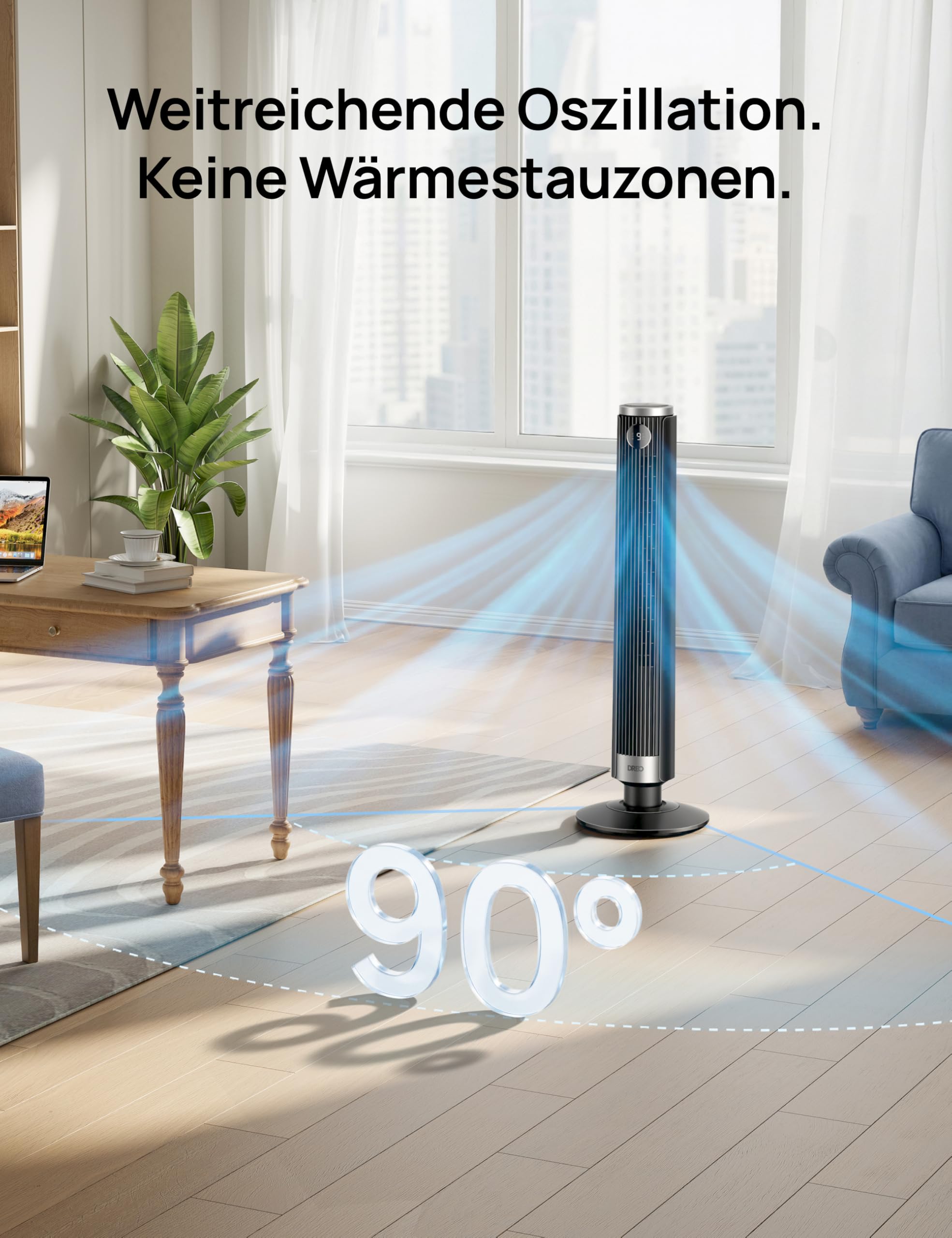 DREO Smart 102–114cm Turmventilator fürs Schlafzimmer, Höhenverstellbar, 8.4m/s, DC-Motor, 9 Stufen, 4 Modi, 90°-Oszillation, Standventilator, 20dB Leise, 12H Timer für Zuhause und Büro, Google/Alexa