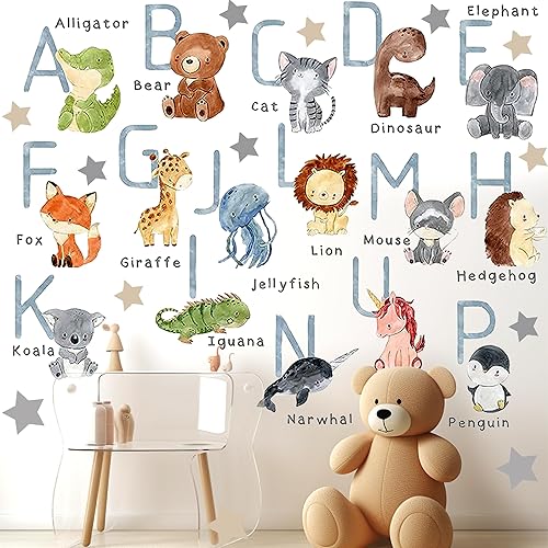 Miniatura 9 de Calcomanías de pared del alfabeto ABC para niños, letras de animales, calcomanías de pared educativas para guardería, sala de juegos o aula,
