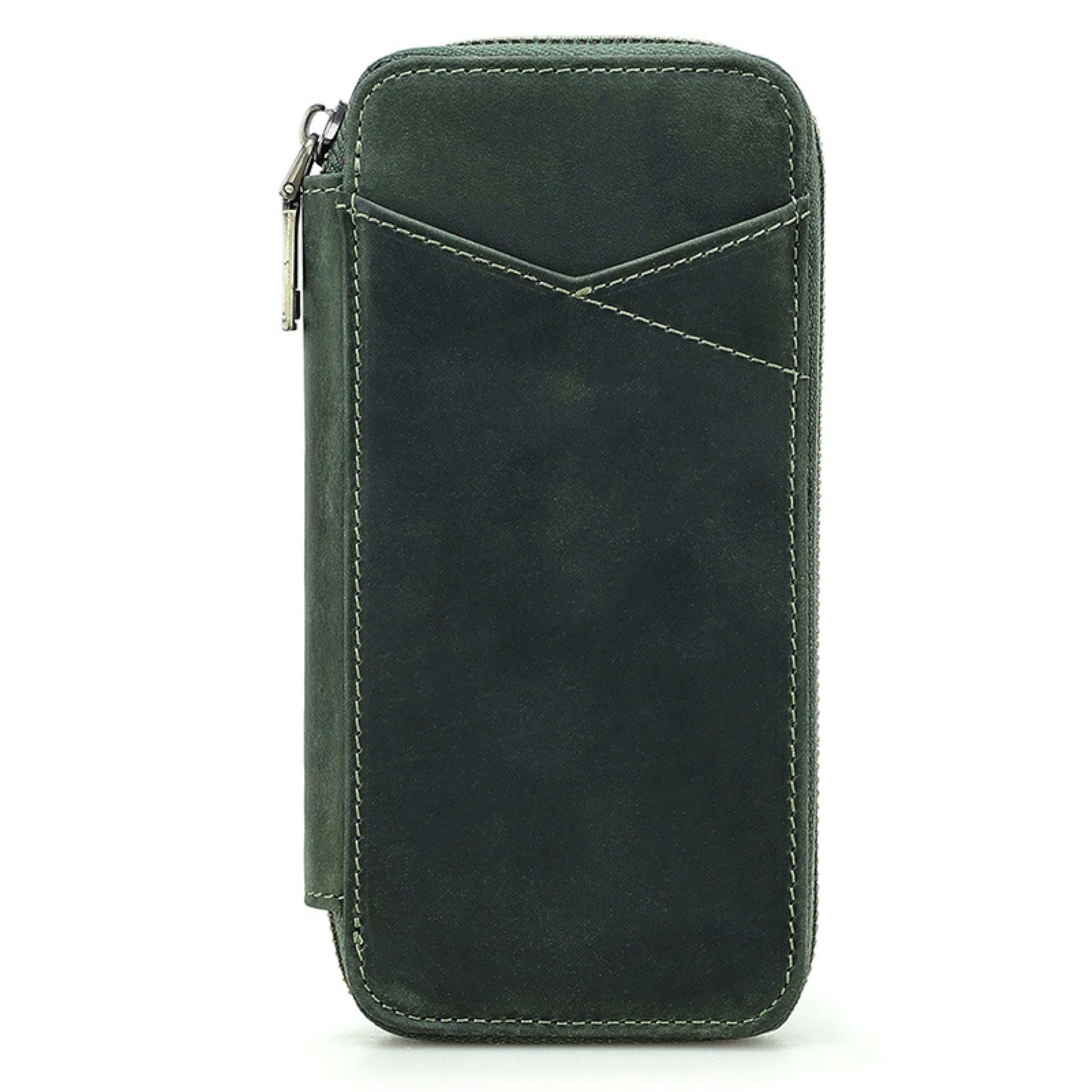 CataPurus Top Grain Genuine Leather 4 Fountain Pen/Pencil Case Pouch, Handmade Minimalist Design, Zipper Closure with Multi-Function & Slots, Gift Choice for Man/Woman/Office, Matte Green, 4 Slots — image 1