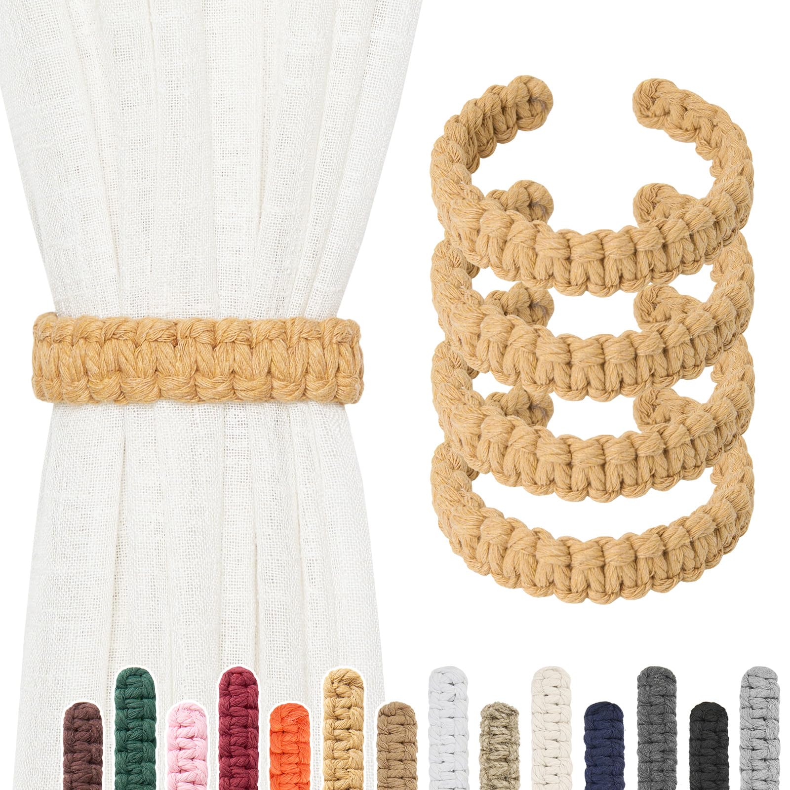 Pretty Jolly 4 Pack Natural Cotton Rope Curtain Tiebacks Farmhouse Rustic Style Decorative Drape Tie Backs Handmade Braided Curtain Holdbacks for Home Sheer/Light Weight Drapery (C-khaki-S)