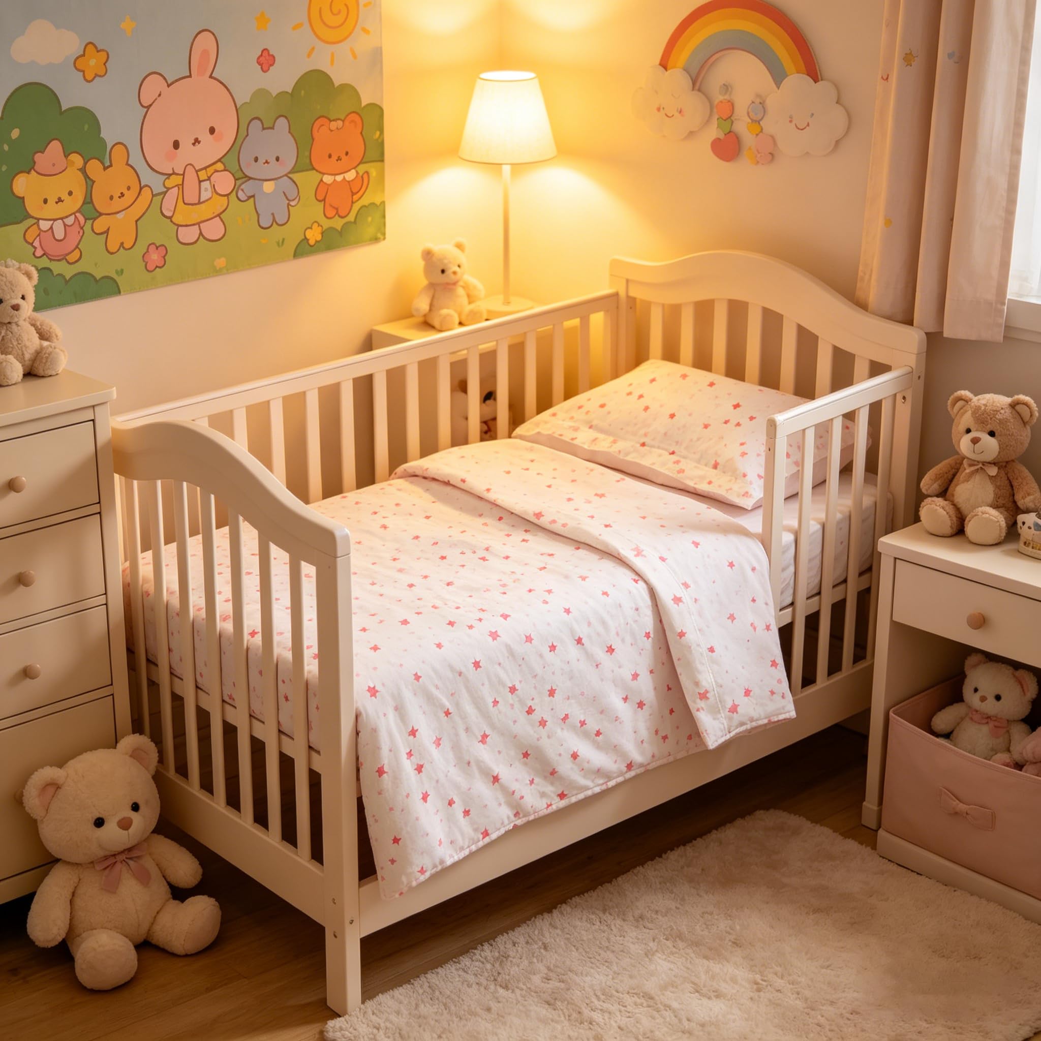 various Juego de Sábanas para Cuna Bebé 60x120 cm, 100% Algodón Extra Suave, Incluye Bajera Ajustable, Encimera y Funda de Almohada, Ropa de Cama Infantil Transpirable Estampado Luna Rosa/Blanco