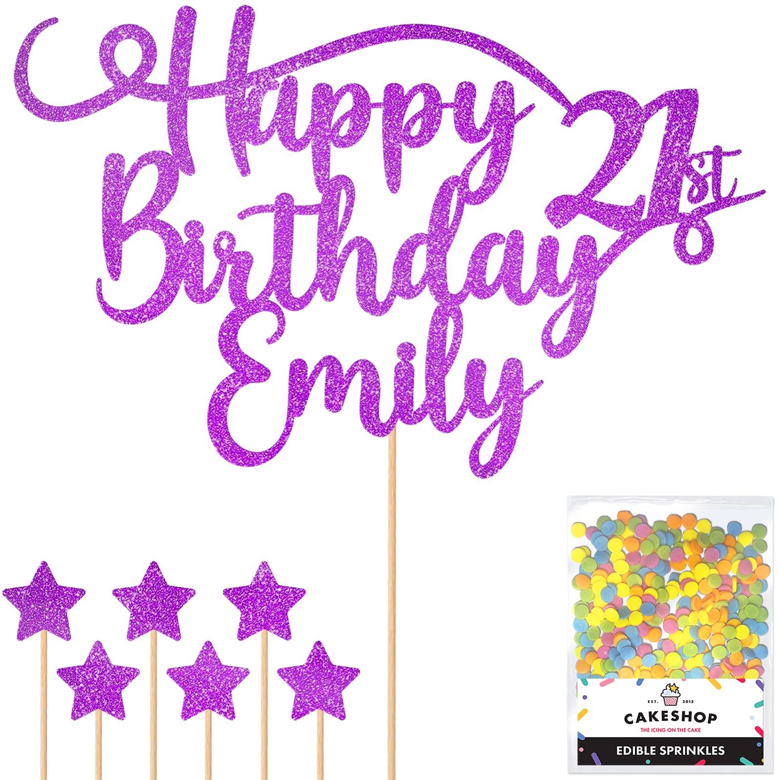 Personalised Happy Birthday Glitter Cake Topper - Purple Any Name & Any Age Glitter Cake Decoration and Sprinkles - Happy Birthday Decorations - Personalised Toppers for Cakes by Cakeshop — image 1