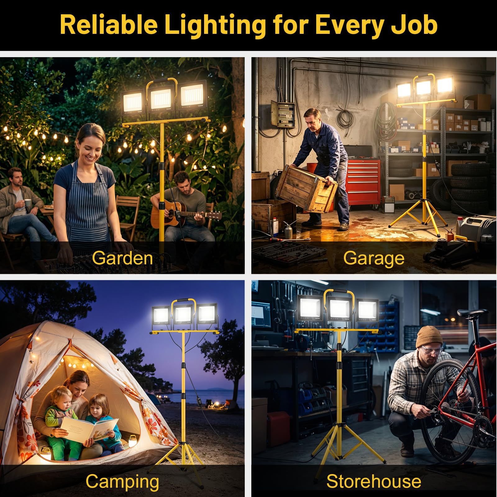 Yofuly 3x 100W Foco LED de Trabajo, 3 Modos de Temperatura de Color, Foco de Construcción 23.000 LM con Trípode Telescópico Ajustable, Foco para Obras IP66 Impermeable, Cable de 5M para Exteriores