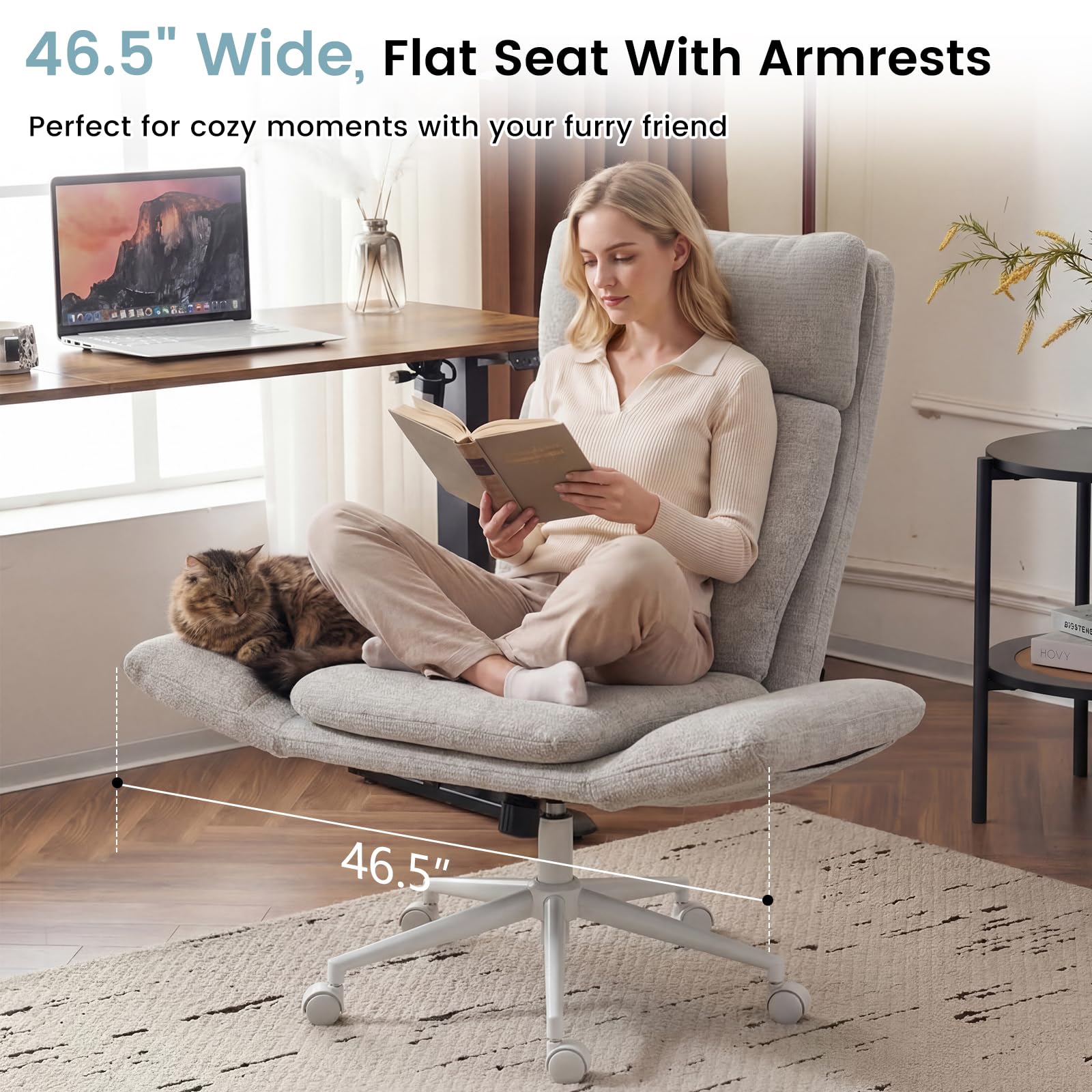 Bürostuhl mit Rollen, Ergonomischer Schreibtischstuhl mit extra breiter Sitzfläche, Verstellbare Armlehnen und Rückenlehne, Höhenverstellbarer Drehstuhl mit Wippfunktion, Homeoffice Stuhl (Grau)