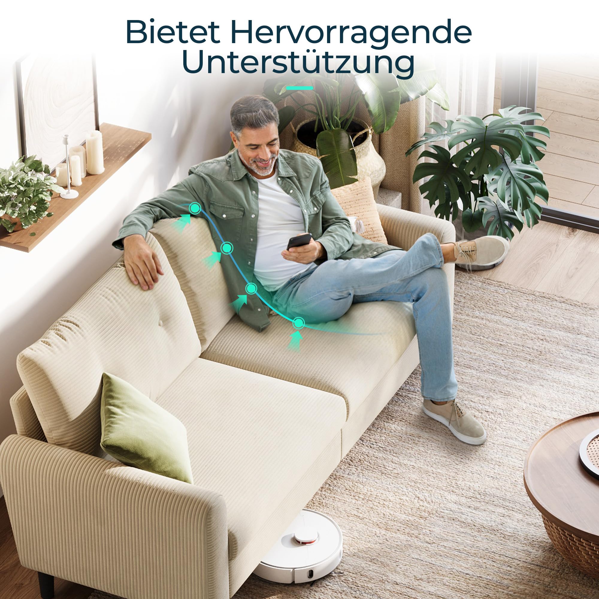 LINSY HOME Sofa 3 Sitzer, 201cm Breit Sofas mit Verstellbarer Sitztiefe, Kleine Sofacouch für Wohnzimmer Schlafzimmer Wohnung Büro, Cremefarben