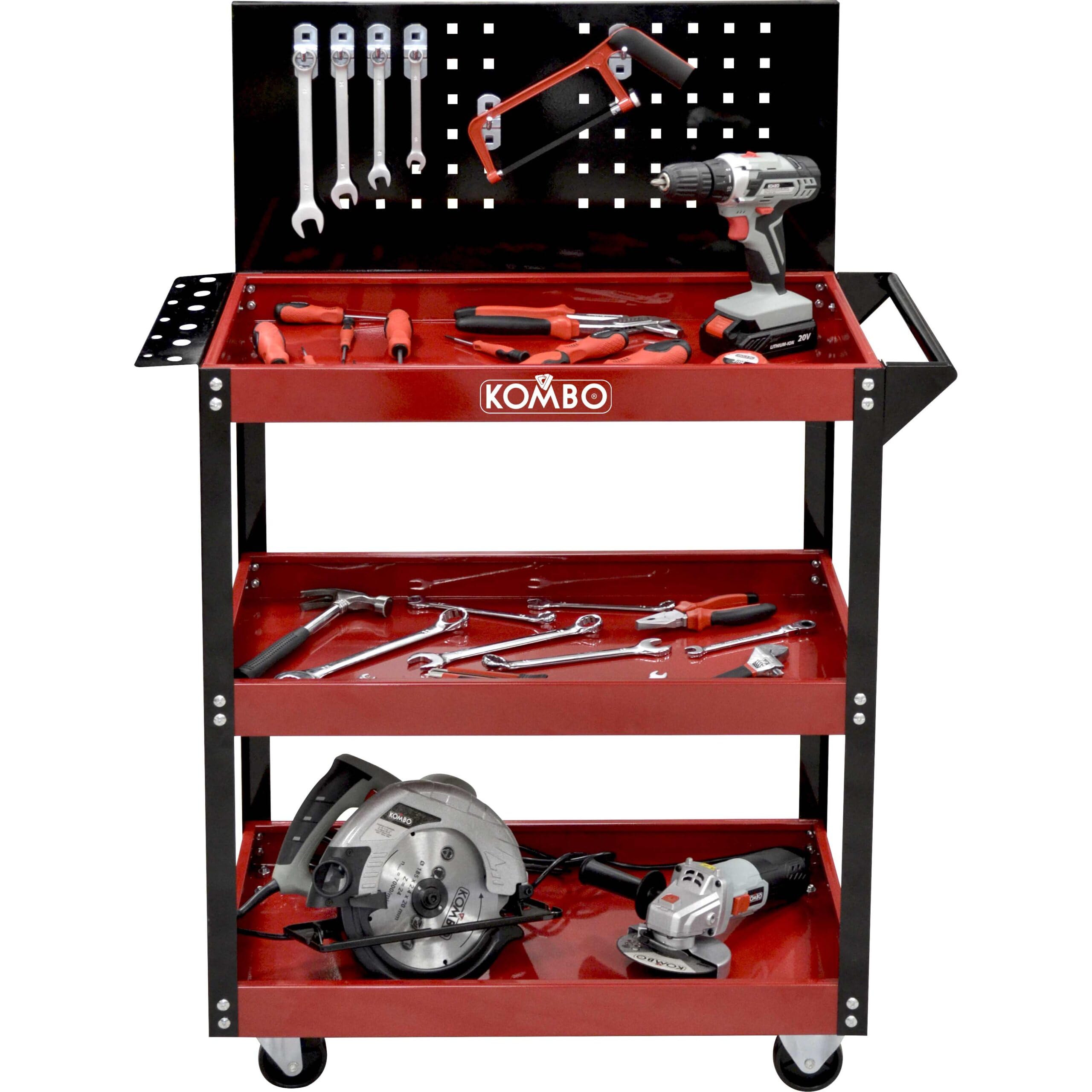 KOMBO - Carro portaherramientas con 3 estantes, panel perforado con 5 ganchos, ruedas giratorias y asa – 81 x 35 x 110 cm – Capacidad de carga: 150 kg, estructura de acero pintado bicolor