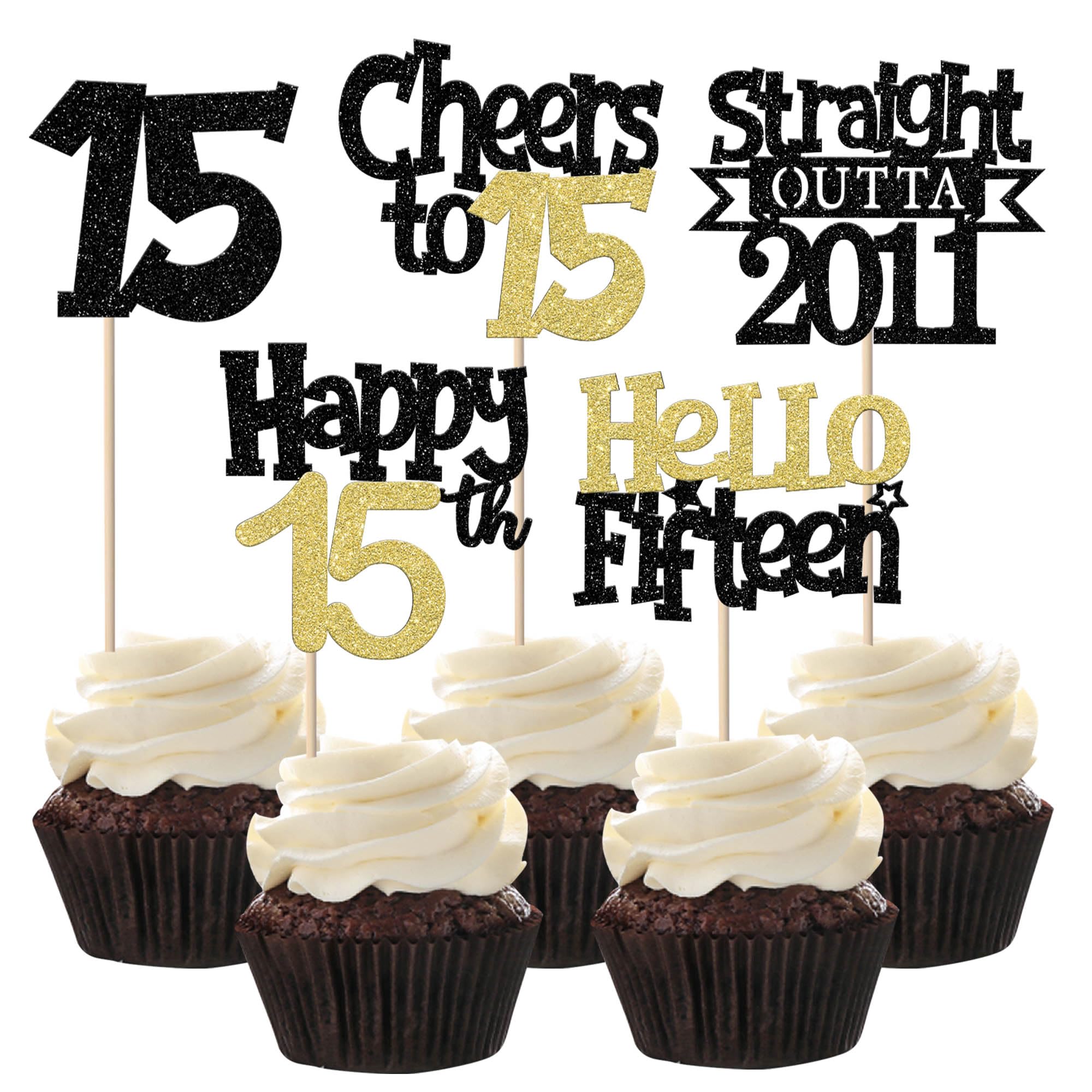 SYKYCTCY 30 Pack Straight Outta 2011 Cupcake Toppers Glitter Hello Fifteen Happy 15th Birthday Cupcake Picks Cheers to 15 Years Cake Decorations for Happy 15th Birthday Party Supplies Black Gold